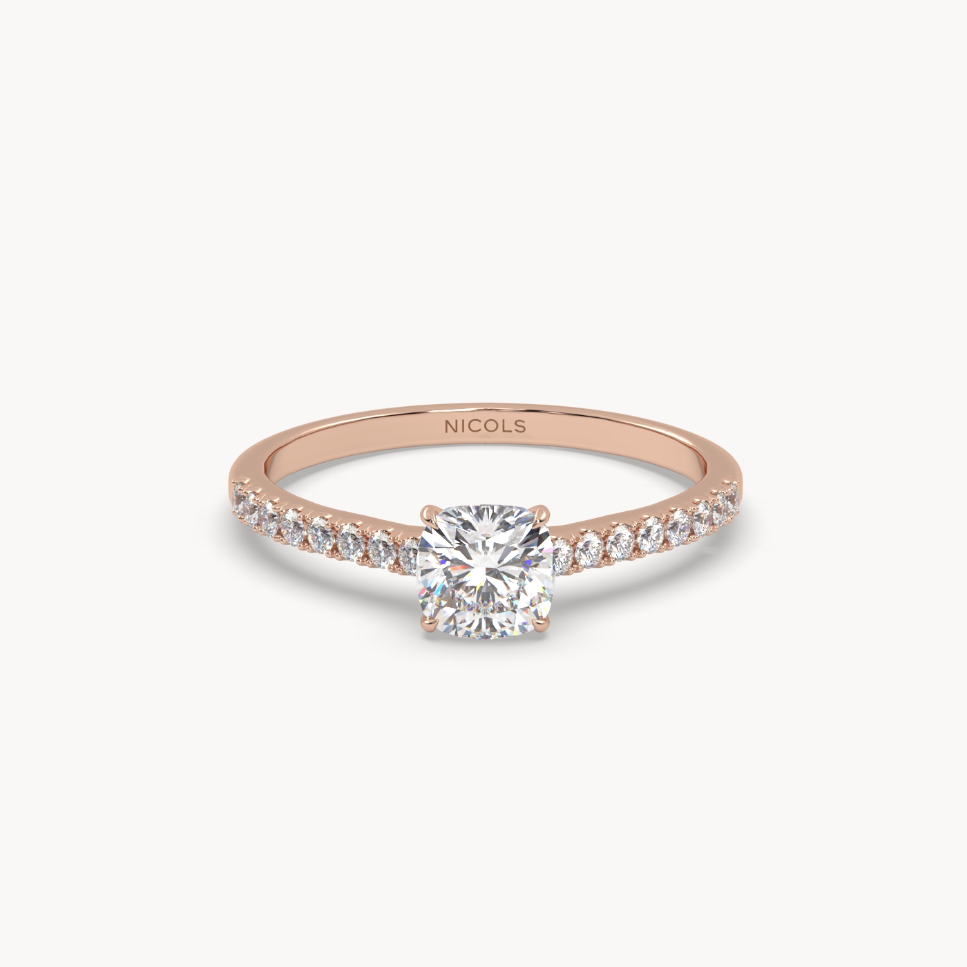 18k rose gold  petite pavé cathedral ring for 0.70ct cushion diamond