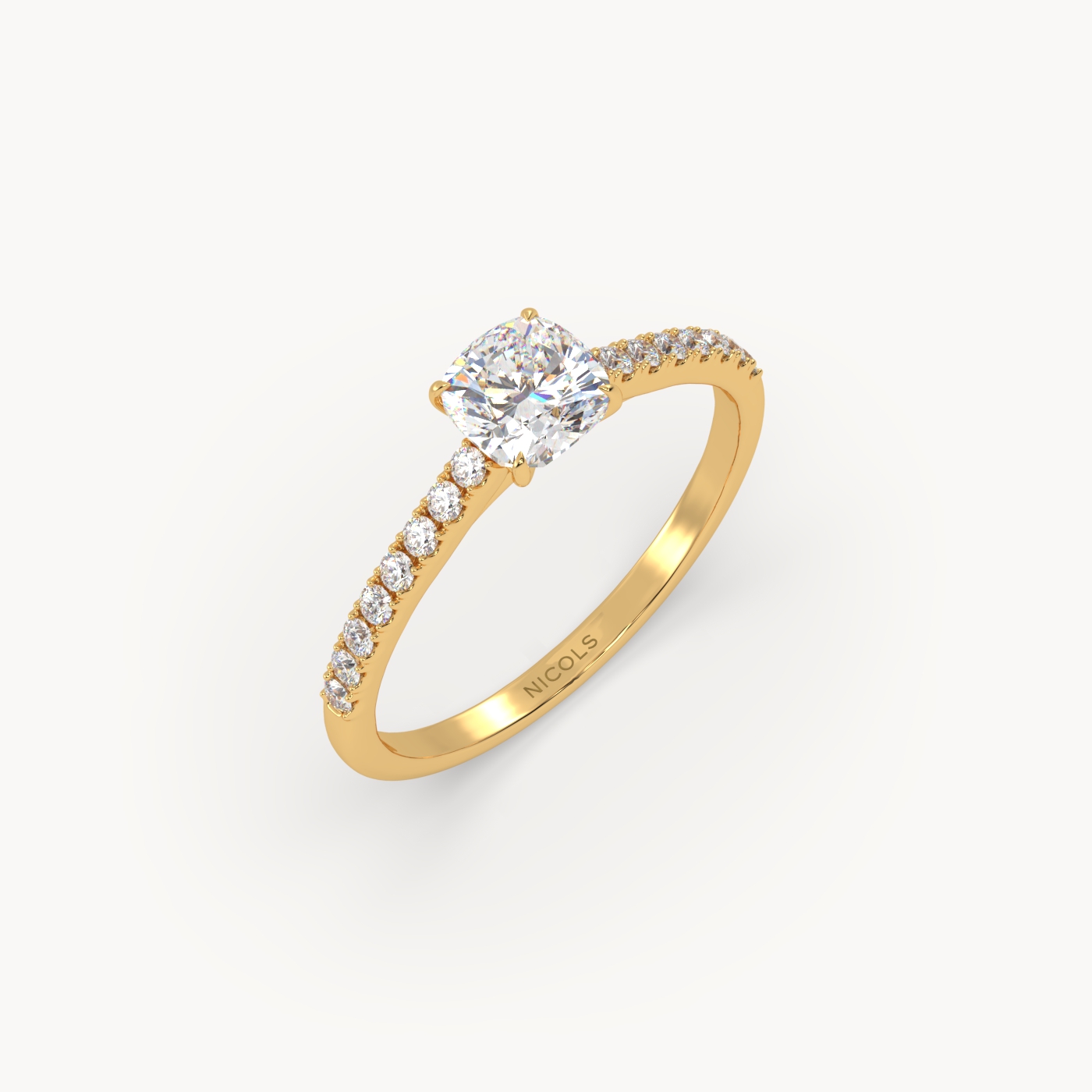 18k yellow gold  petite pavé cathedral ring for 0.70ct cushion diamond