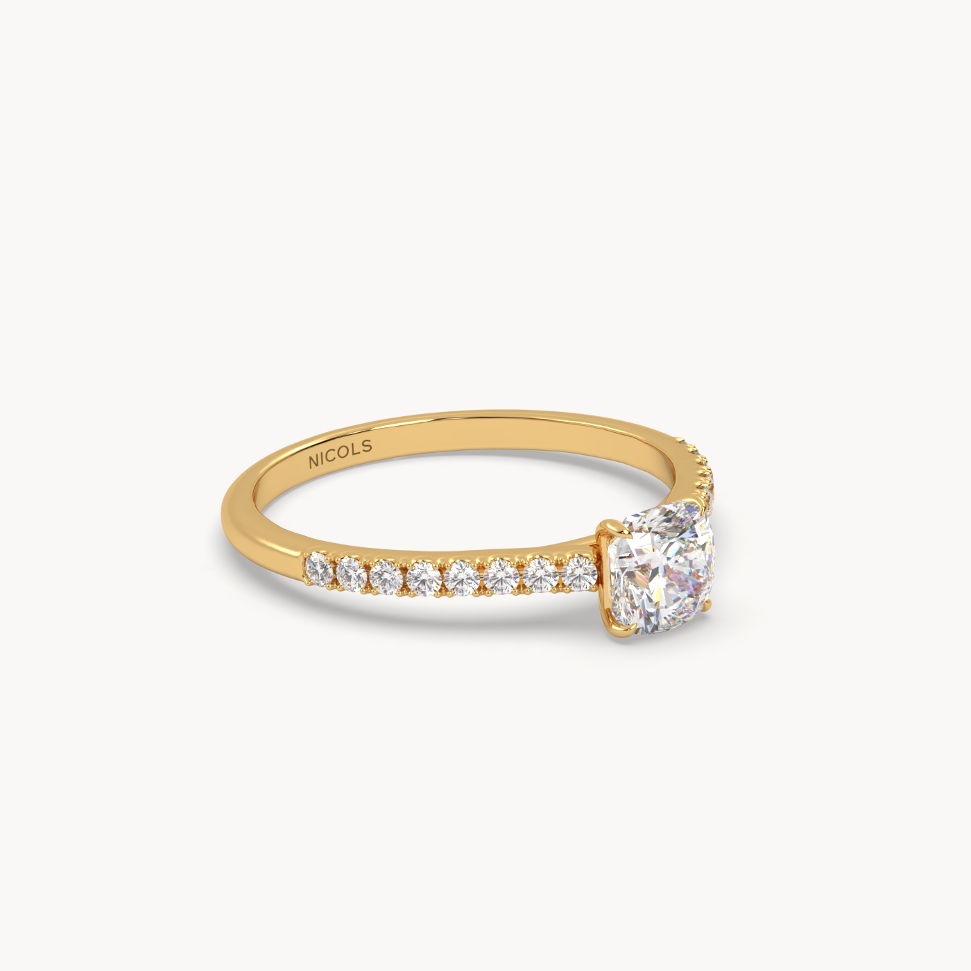 18k yellow gold  petite pavé cathedral ring for 0.70ct cushion diamond
