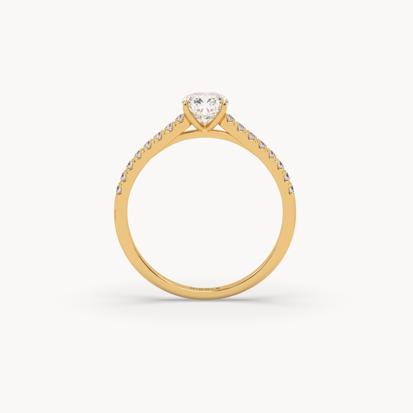 18k yellow gold  petite pavé cathedral ring for 0.70ct cushion diamond