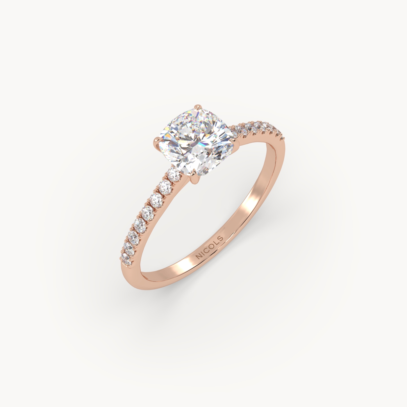 18k rose gold petite pavé cathedral engagement ring for 1ct cushion diamond