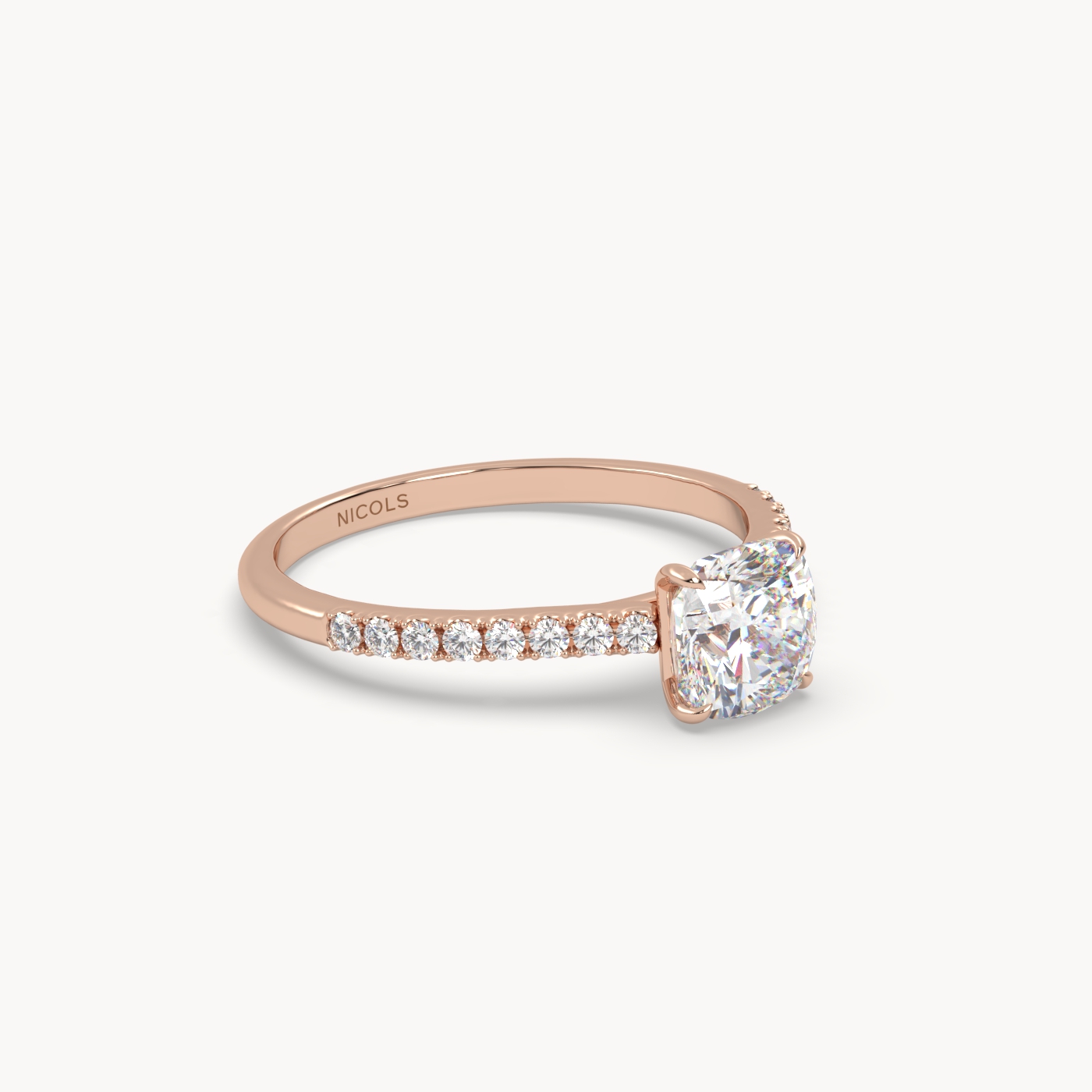 18k rose gold petite pavé cathedral engagement ring for 1ct cushion diamond