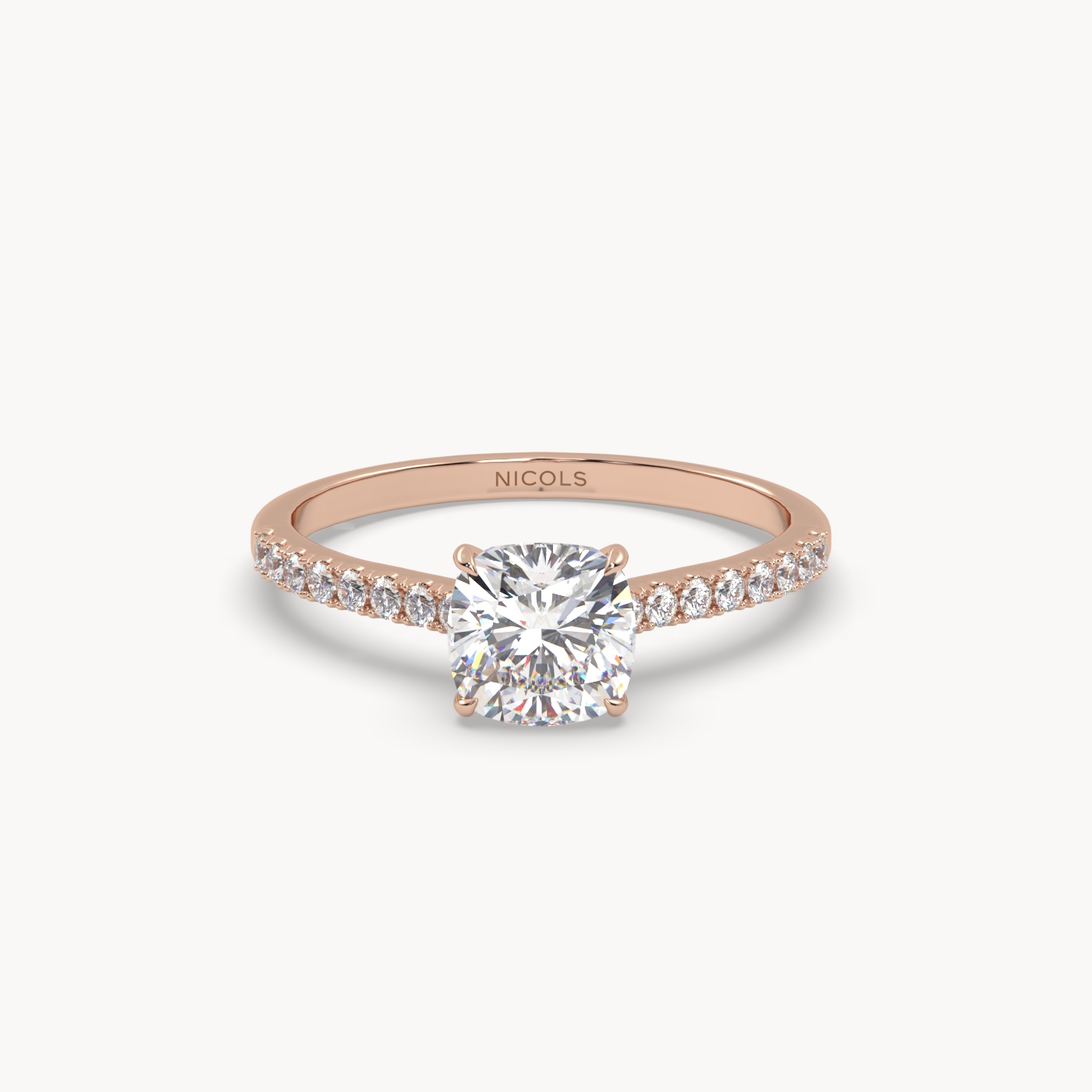 18k rose gold petite pavé cathedral engagement ring for 1ct cushion diamond