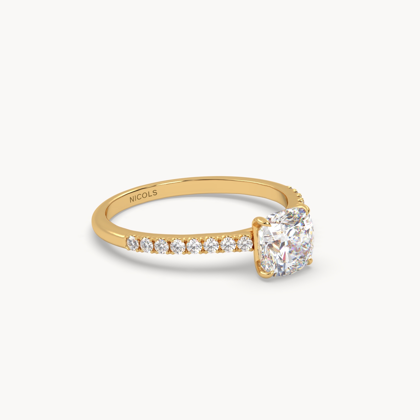 18k yellow gold  petite pavé cathedral ring for 1.0 ct cushion diamond