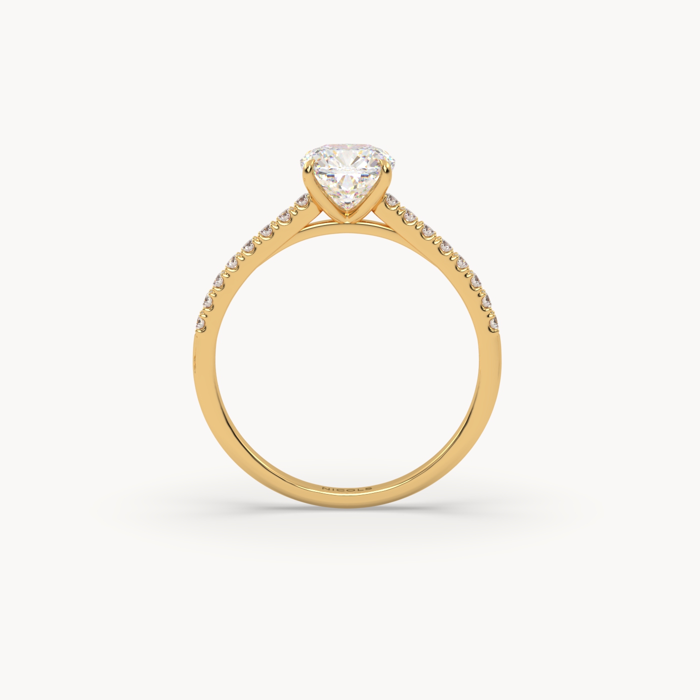 18k yellow gold  petite pavé cathedral ring for 1.0 ct cushion diamond