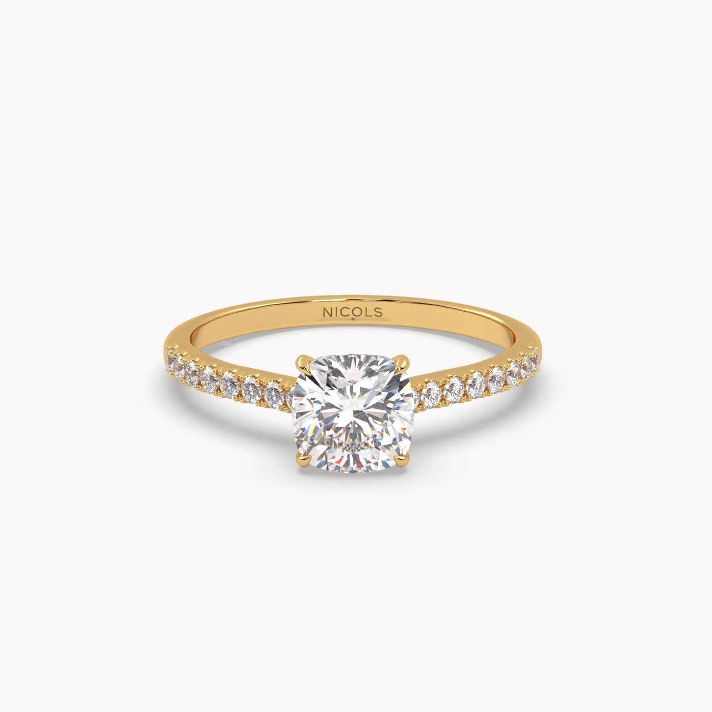 18k yellow gold  petite pavé cathedral ring for 1.0 ct cushion diamond