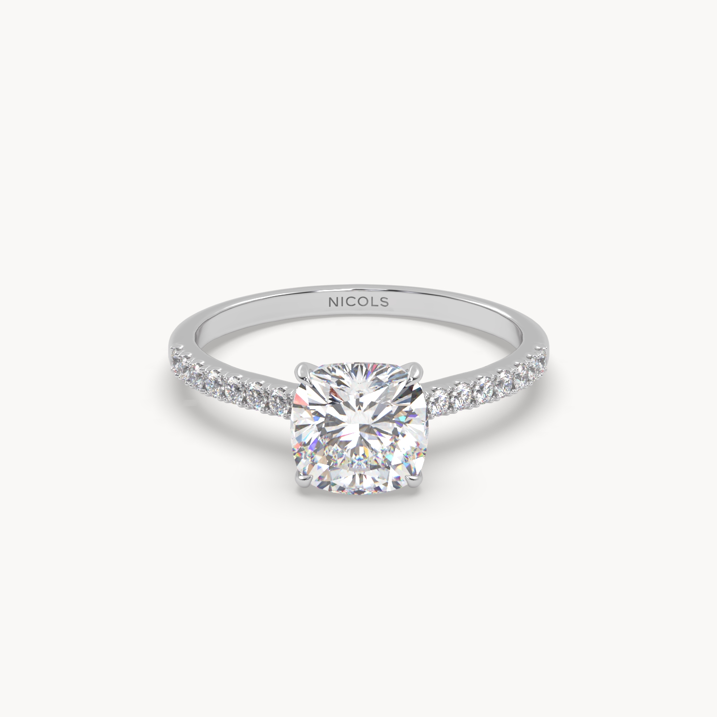 18k white gold  petite pavé cathedral ring for 1.5 ct cushion diamond