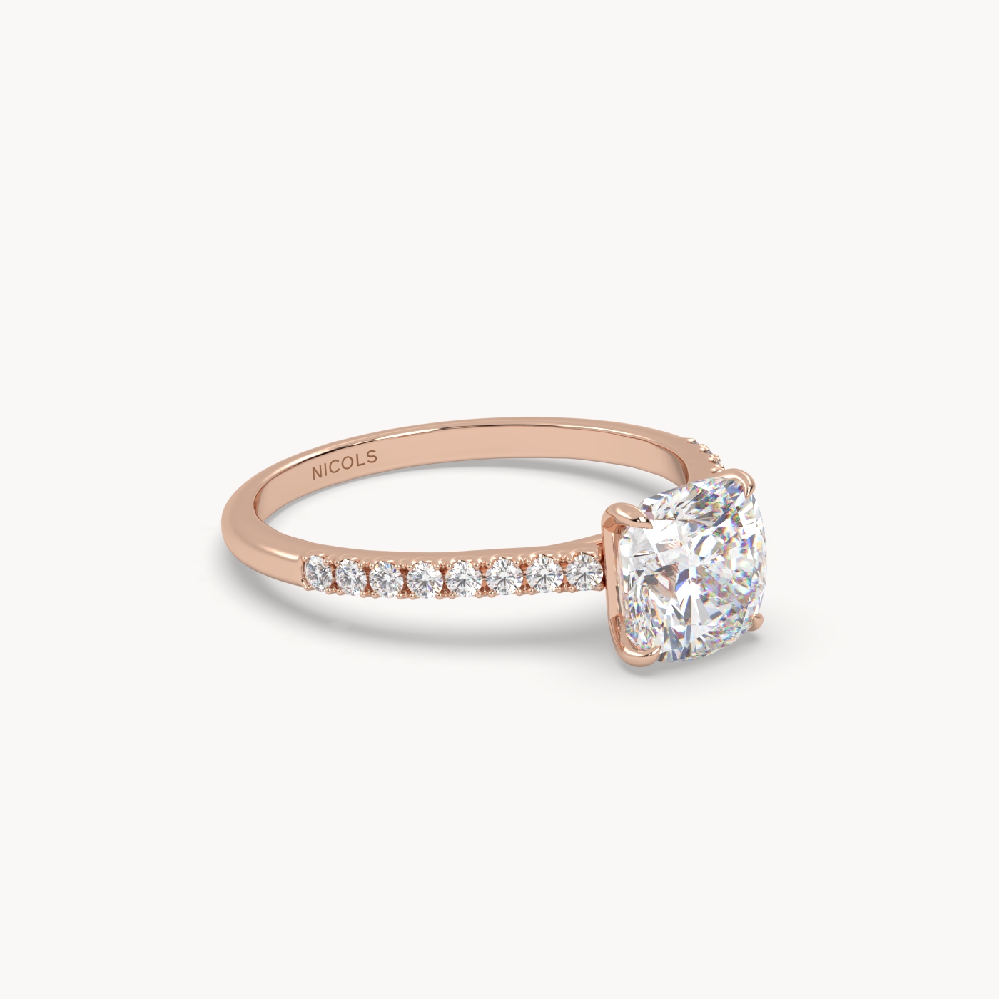 18k rose gold  petite pavé cathedral ring for 1.5 ct cushion diamond