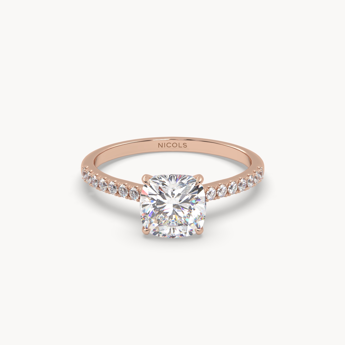 18k rose gold  petite pavé cathedral ring for 1.5 ct cushion diamond