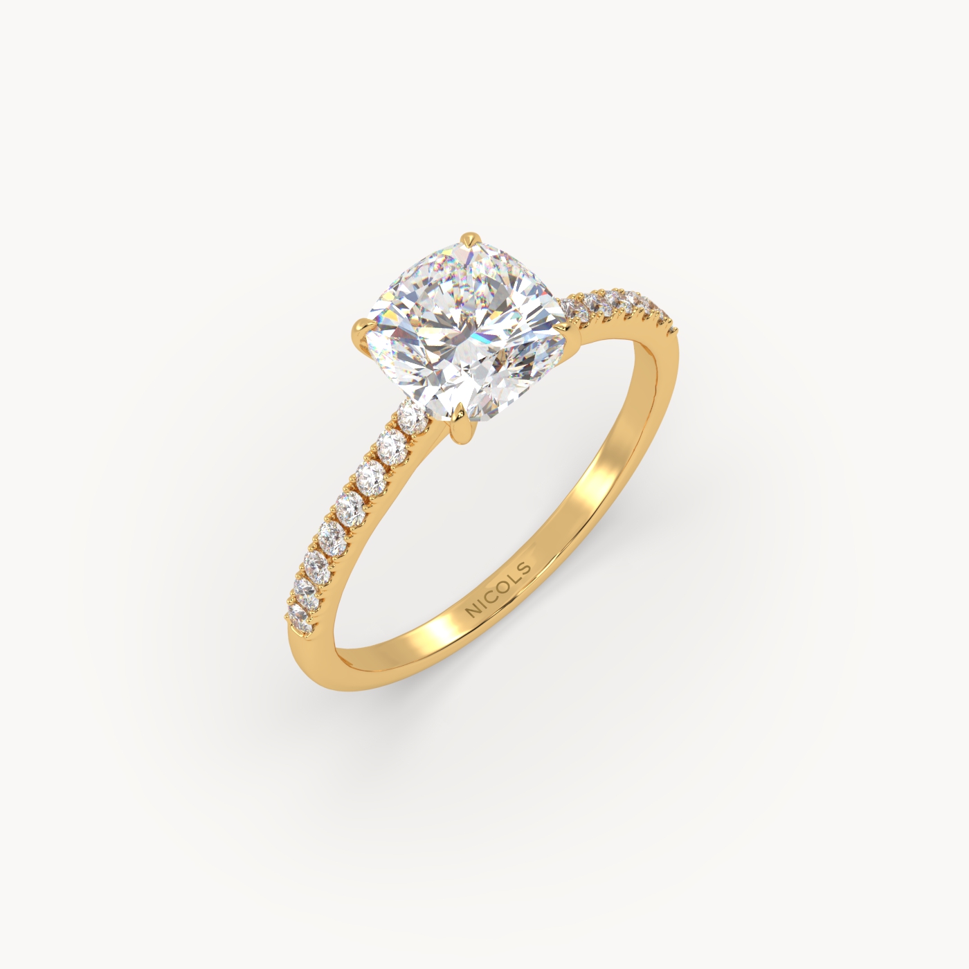 18k yellow gold  petite pavé cathedral ring for 1.5 ct cushion diamond