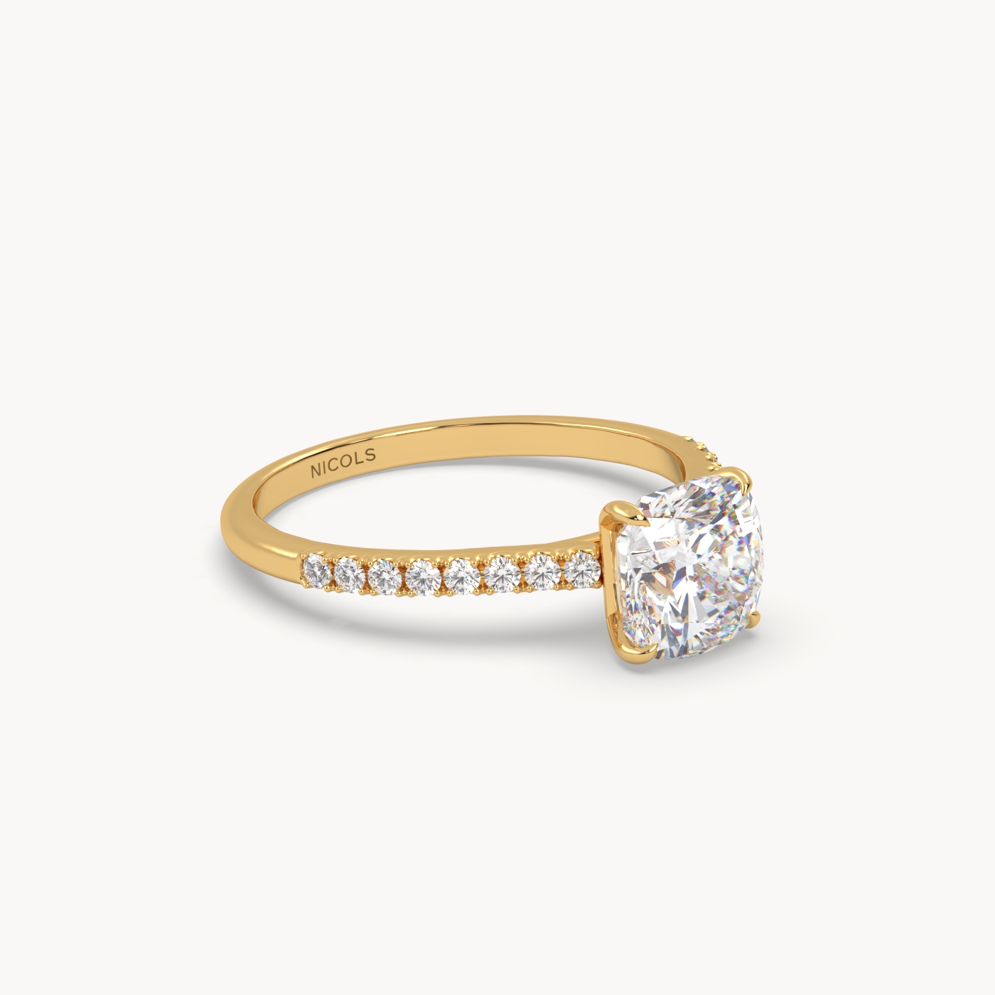 18k yellow gold  petite pavé cathedral ring for 1.5 ct cushion diamond