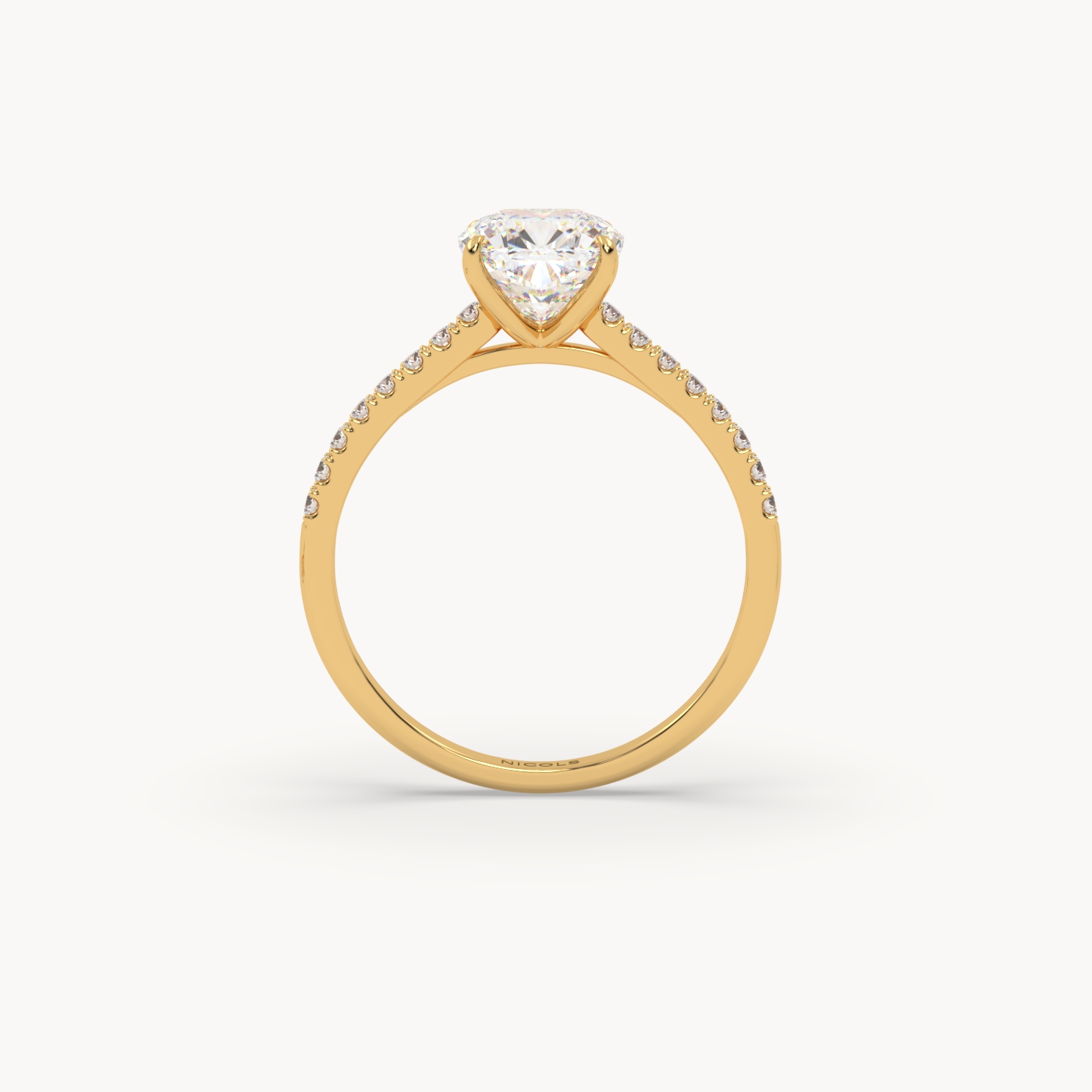 18k yellow gold  petite pavé cathedral ring for 1.5 ct cushion diamond