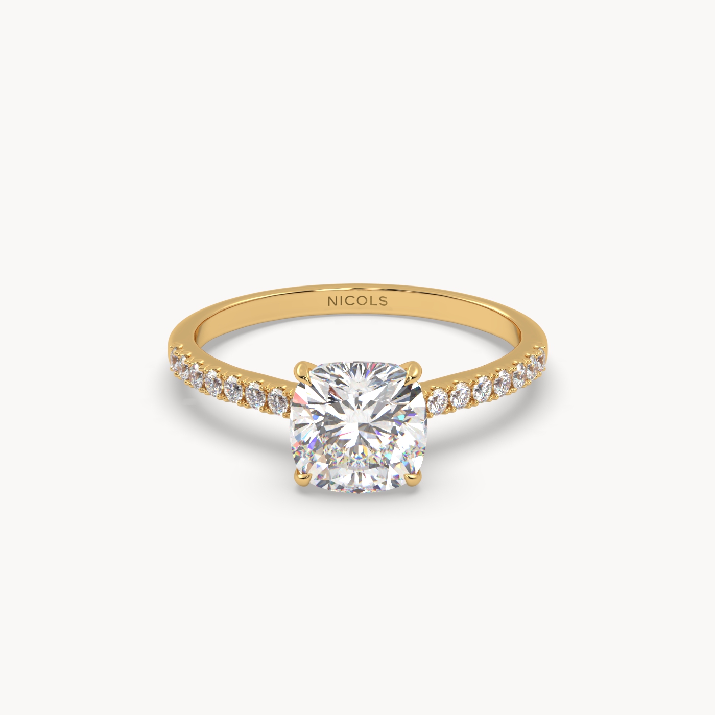 18k yellow gold  petite pavé cathedral ring for 1.5 ct cushion diamond