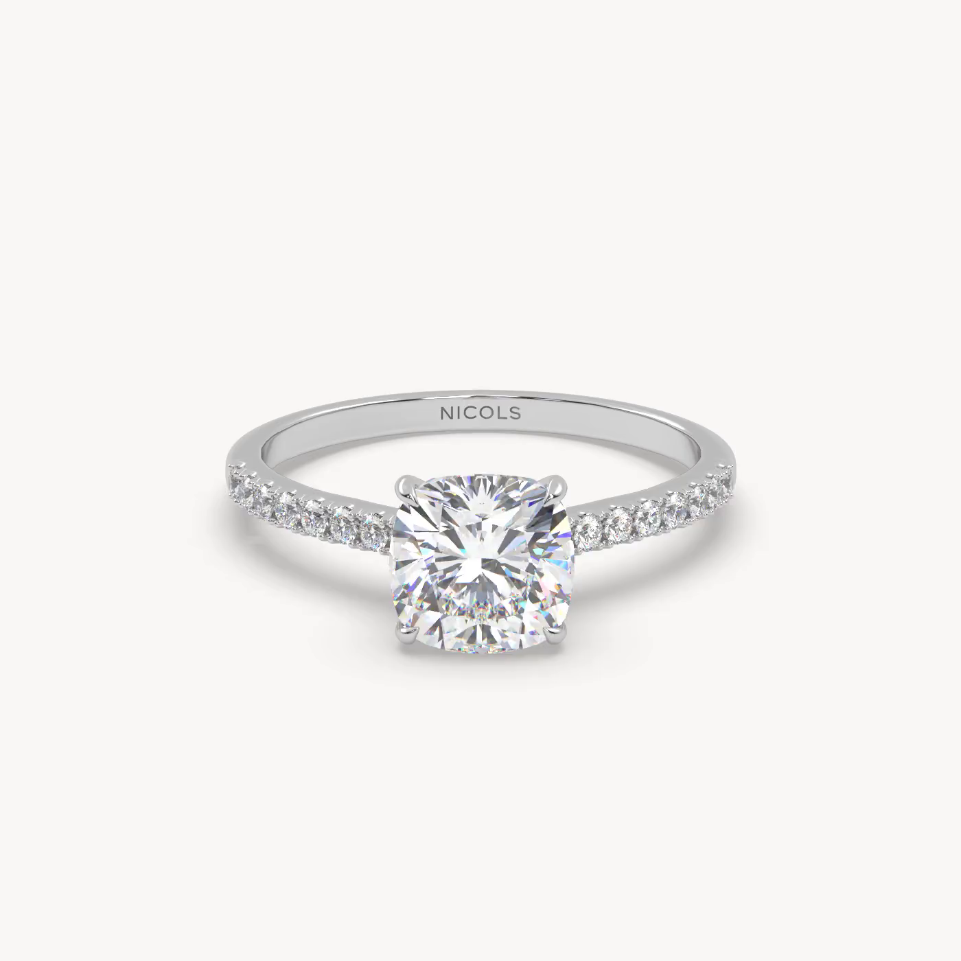 18k white gold  petite pavé cathedral ring for 1.5 ct cushion diamond Photos & images