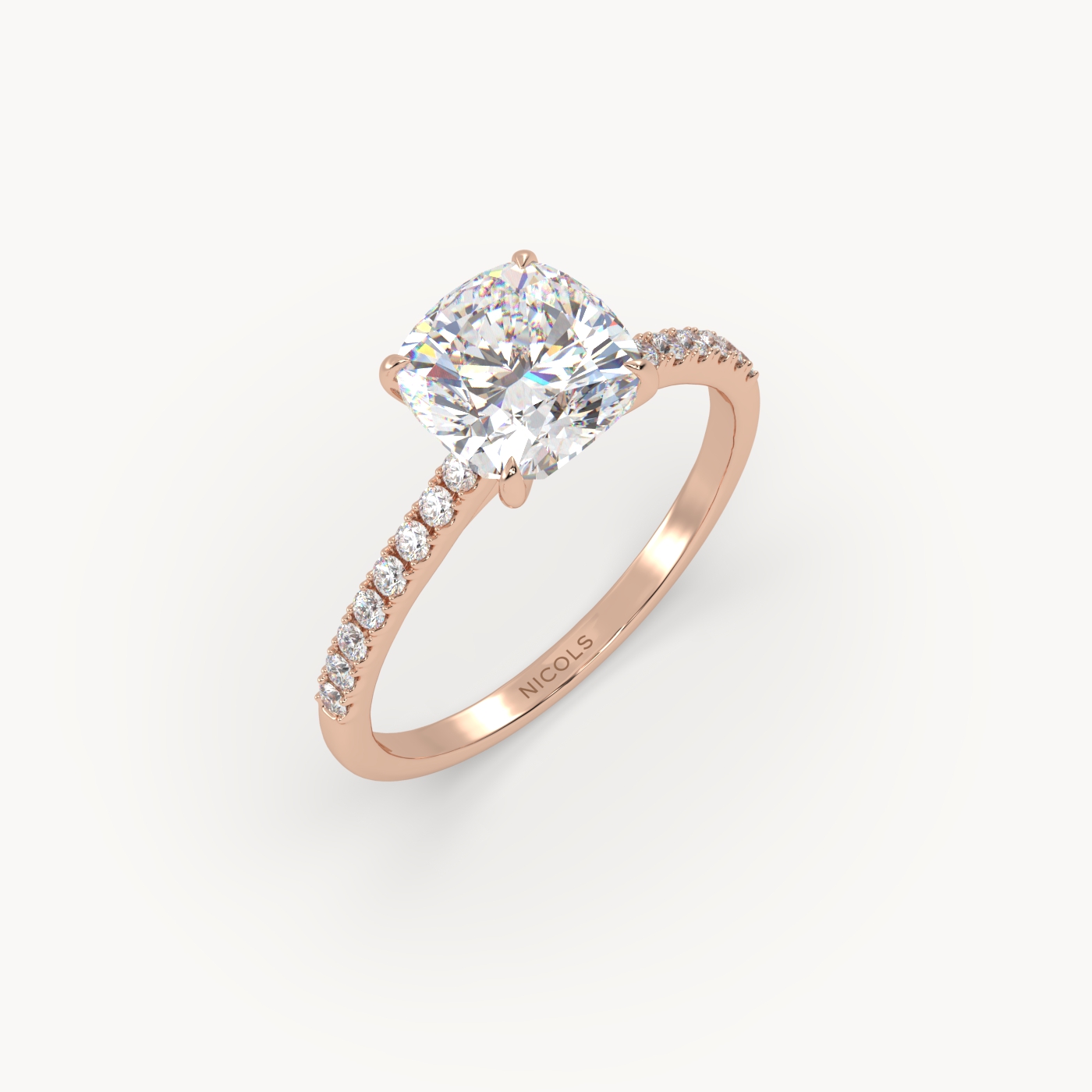 18k rose gold  petite pavé cathedral ring for 2.0 ct cushion diamond