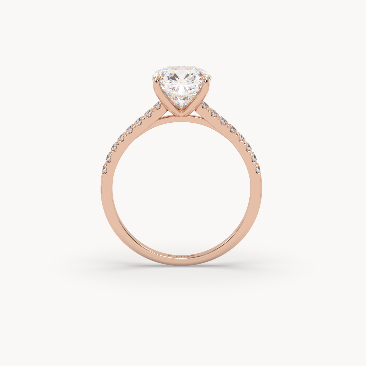 18k rose gold  petite pavé cathedral ring for 2.0 ct cushion diamond