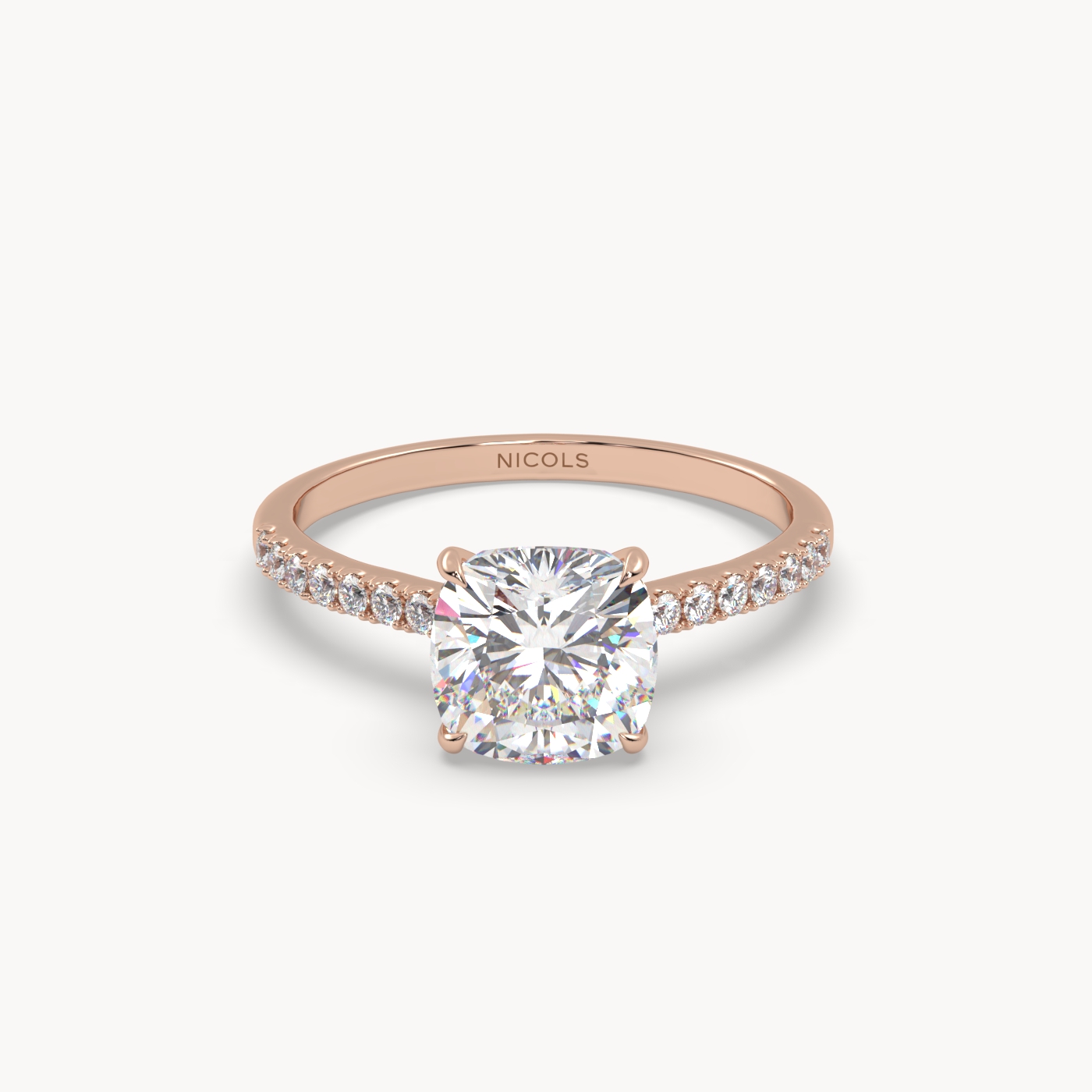 18k rose gold  petite pavé cathedral ring for 2.0 ct cushion diamond