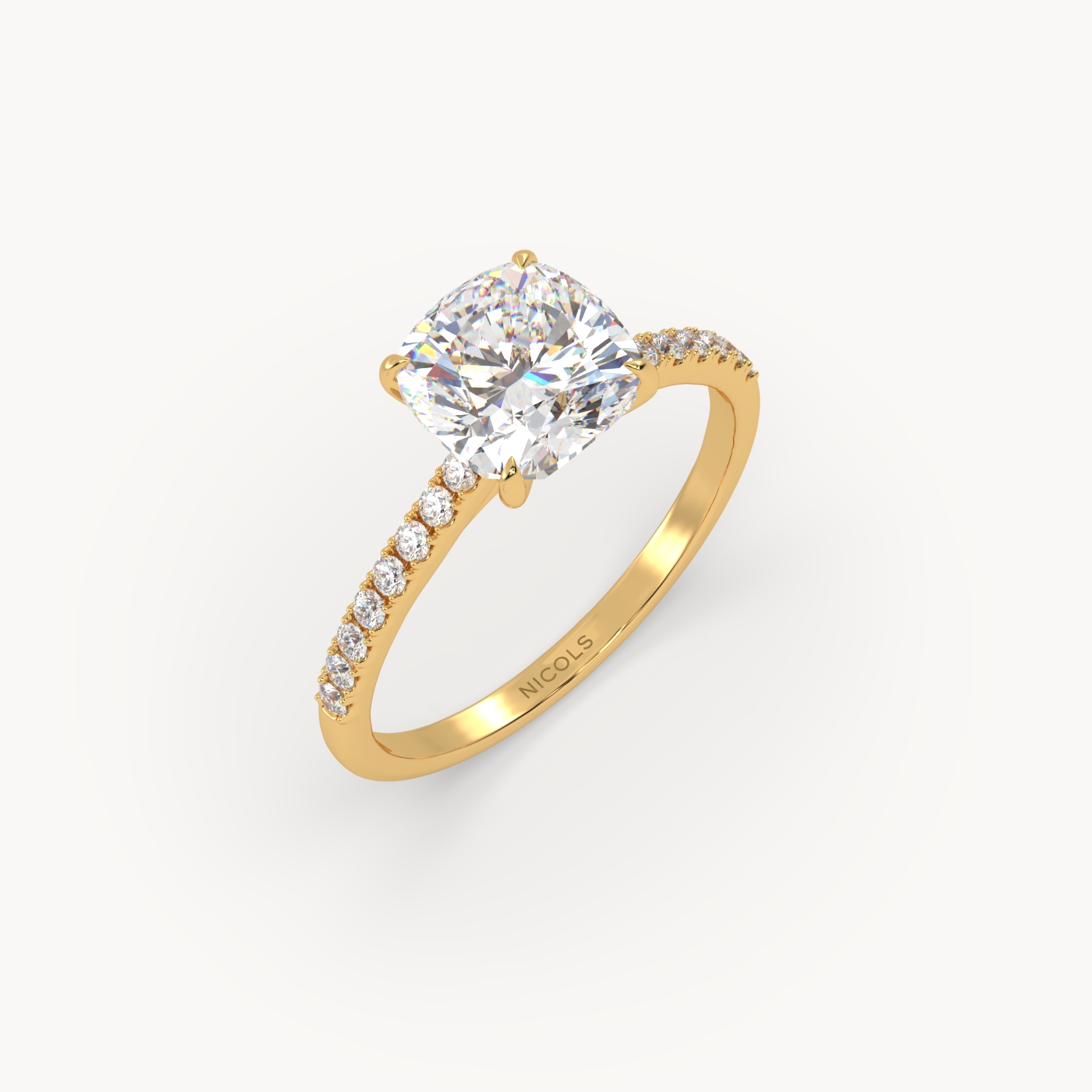18k yellow gold  petite pavé cathedral ring for 2.0 ct cushion diamond