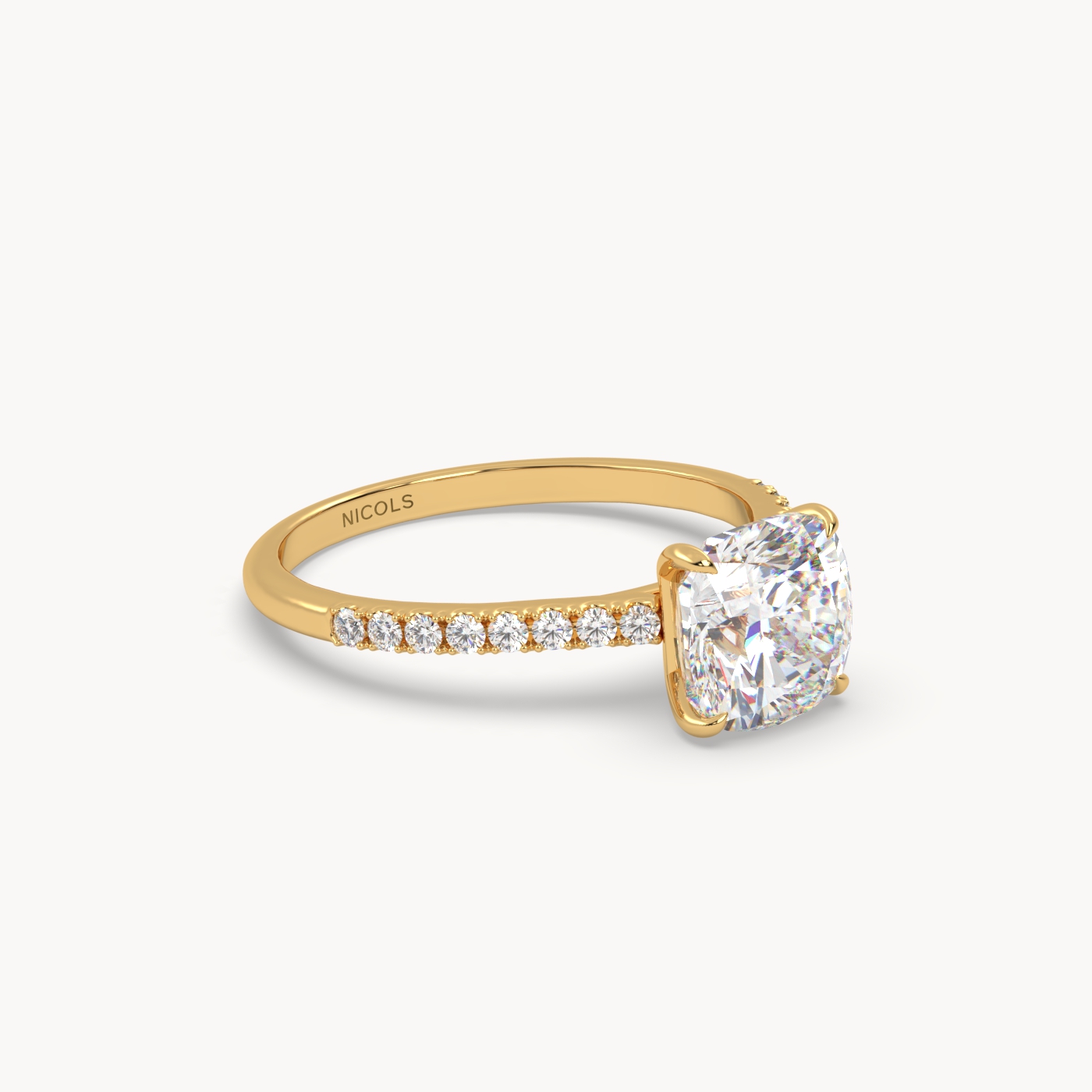 18k yellow gold  petite pavé cathedral ring for 2.0 ct cushion diamond