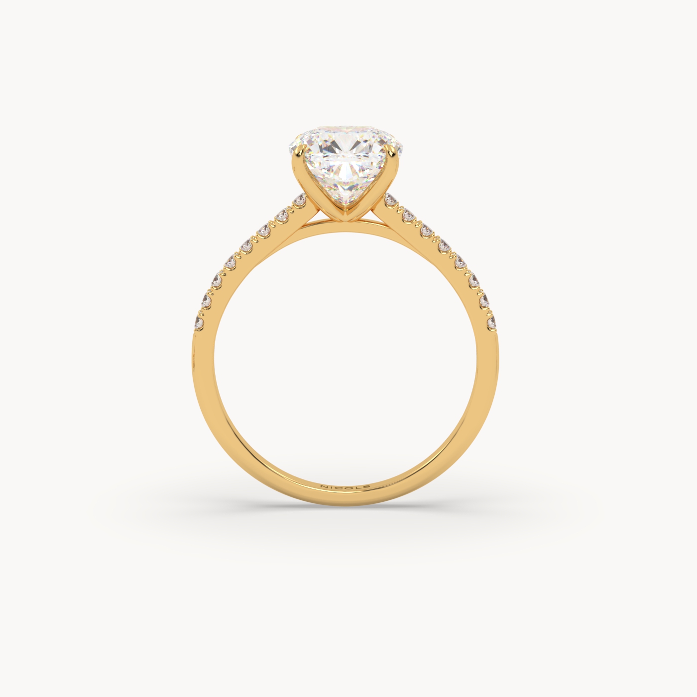 18k yellow gold  petite pavé cathedral ring for 2.0 ct cushion diamond