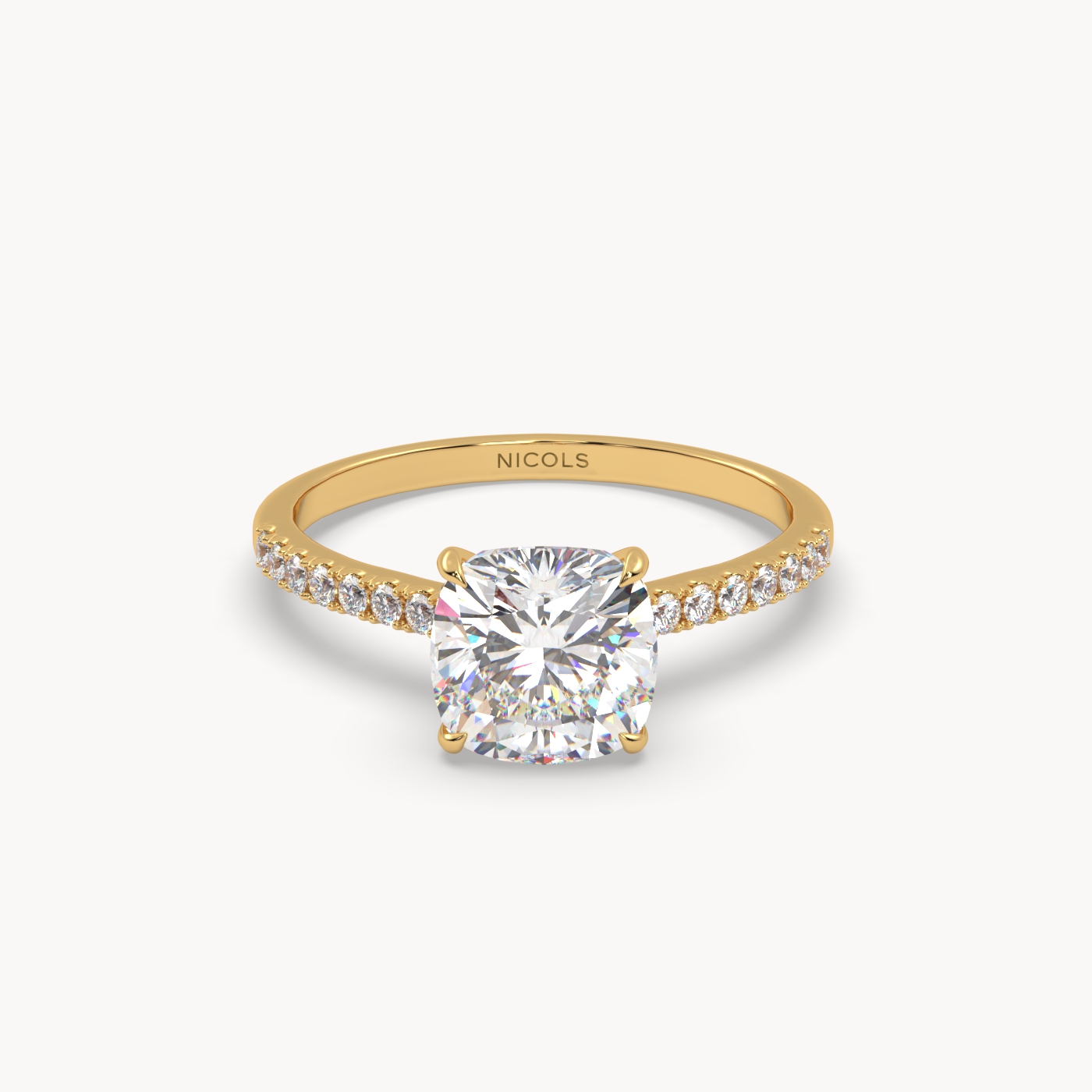 18k yellow gold  petite pavé cathedral ring for 2.0 ct cushion diamond