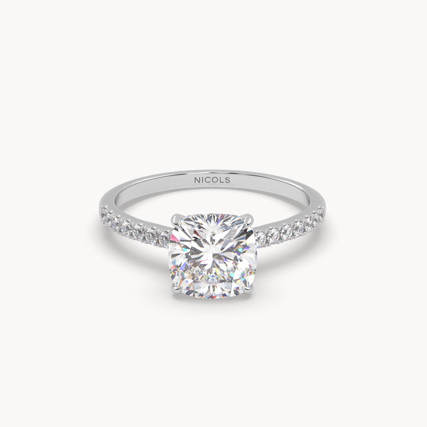 18k white gold  petite pavé cathedral ring for 2.0ct cushion diamond