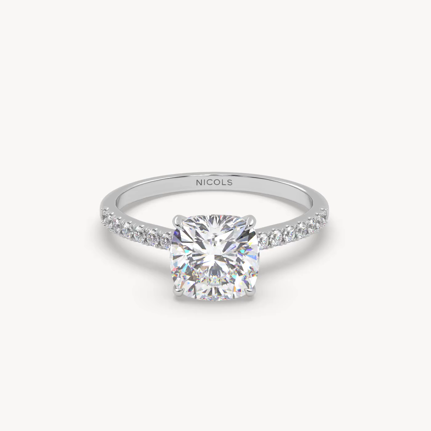 18k white gold  petite pavé cathedral ring for 2.0ct cushion diamond
