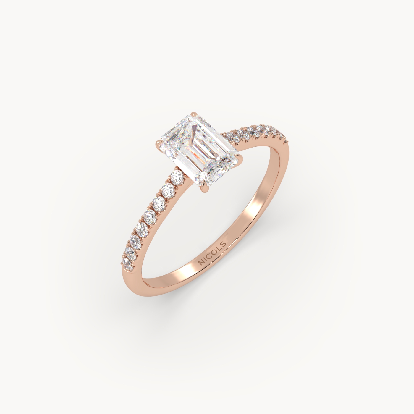 18k rose gold  petite pavé cathedral engagement ring for 0.70ct emerald cut diamond