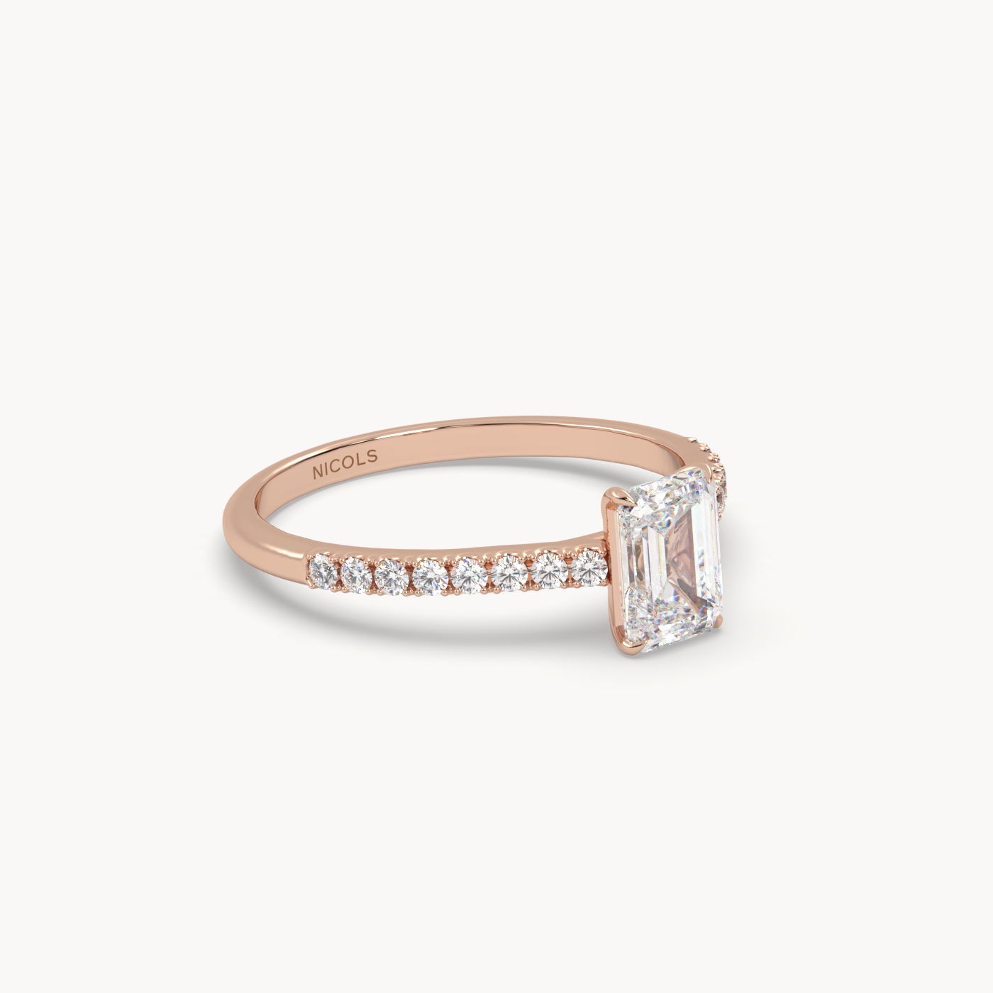 18k rose gold  petite pavé cathedral engagement ring for 0.70ct emerald cut diamond