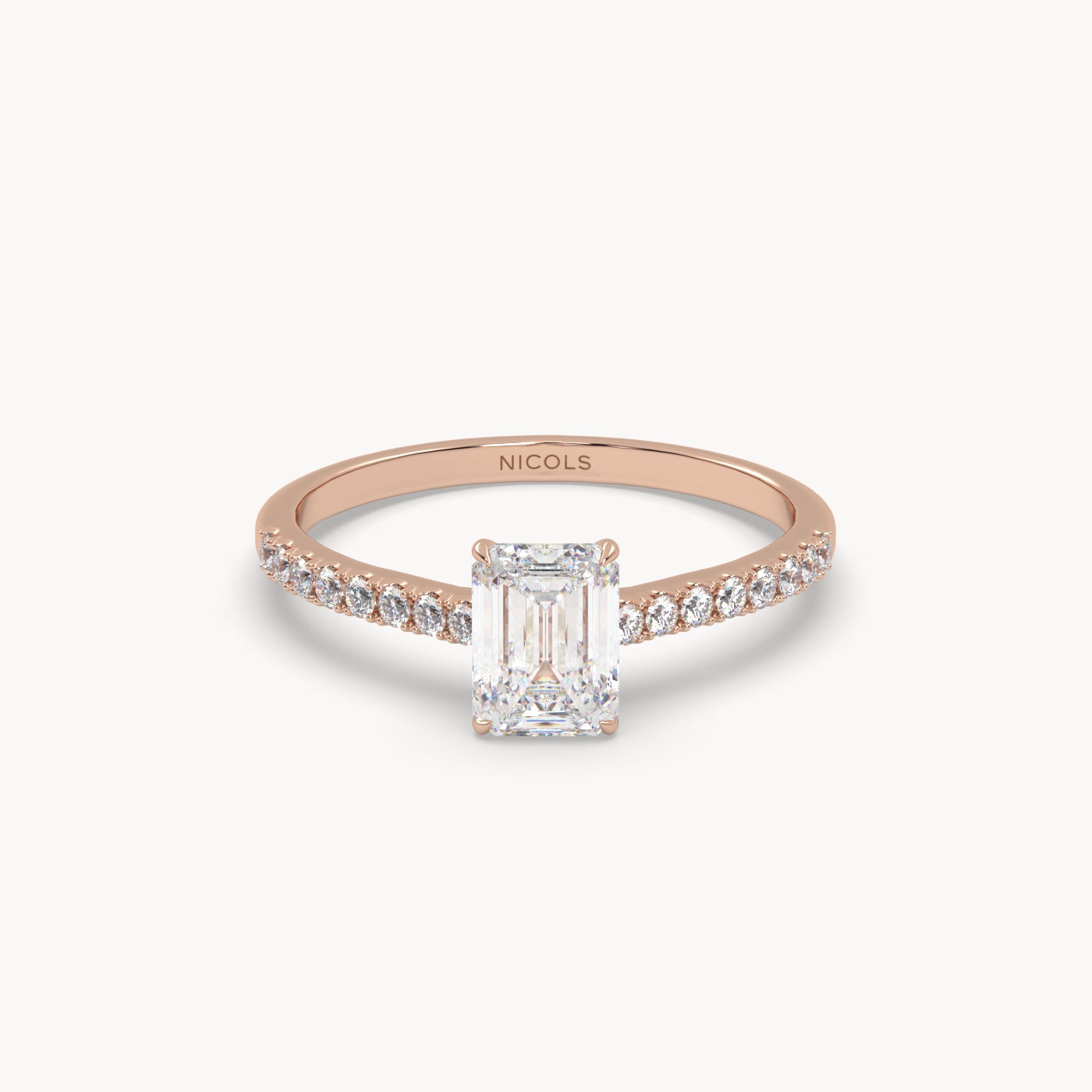 18k rose gold  petite pavé cathedral engagement ring for 0.70ct emerald cut diamond