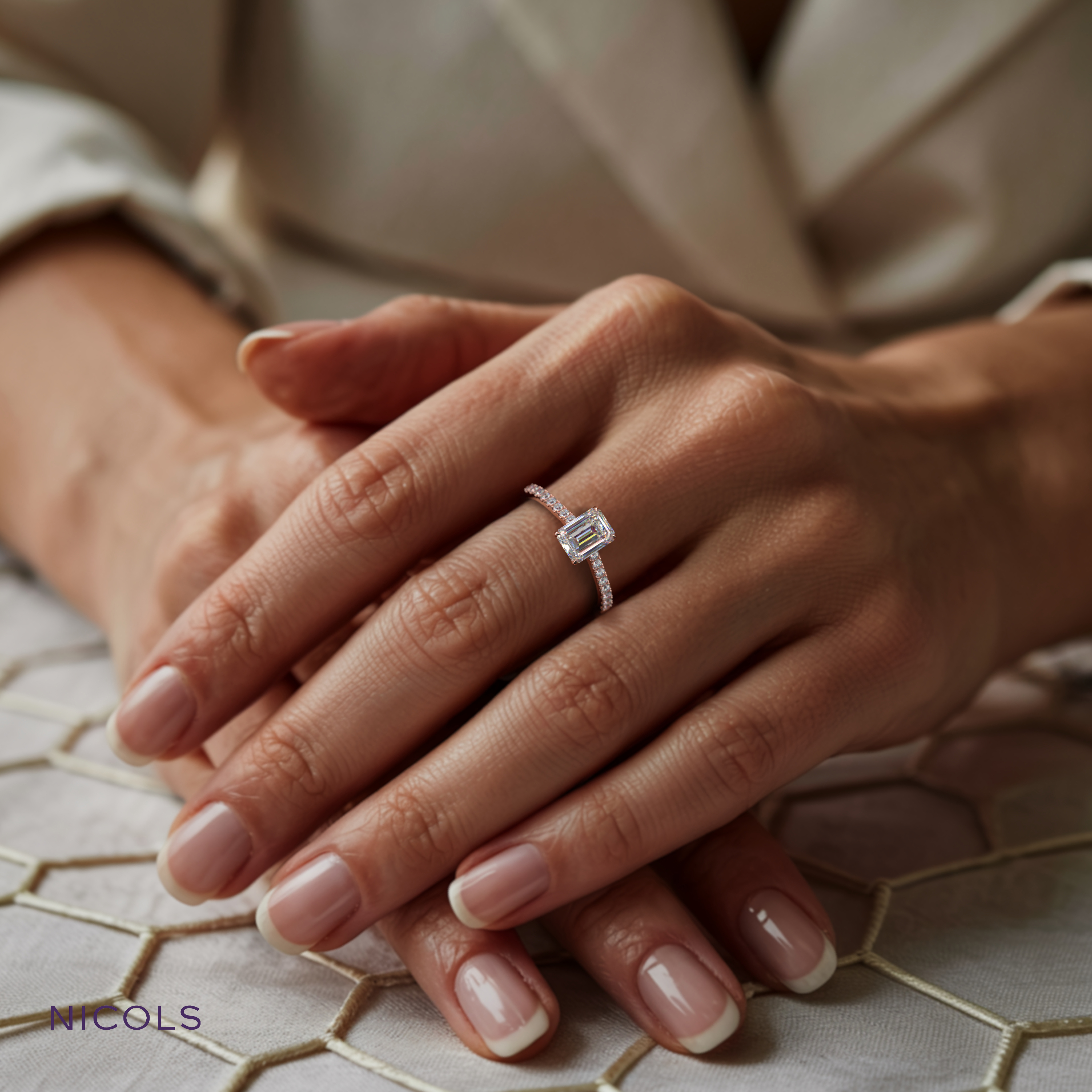 18k rose gold  petite pavé cathedral engagement ring for 0.70ct emerald cut diamond