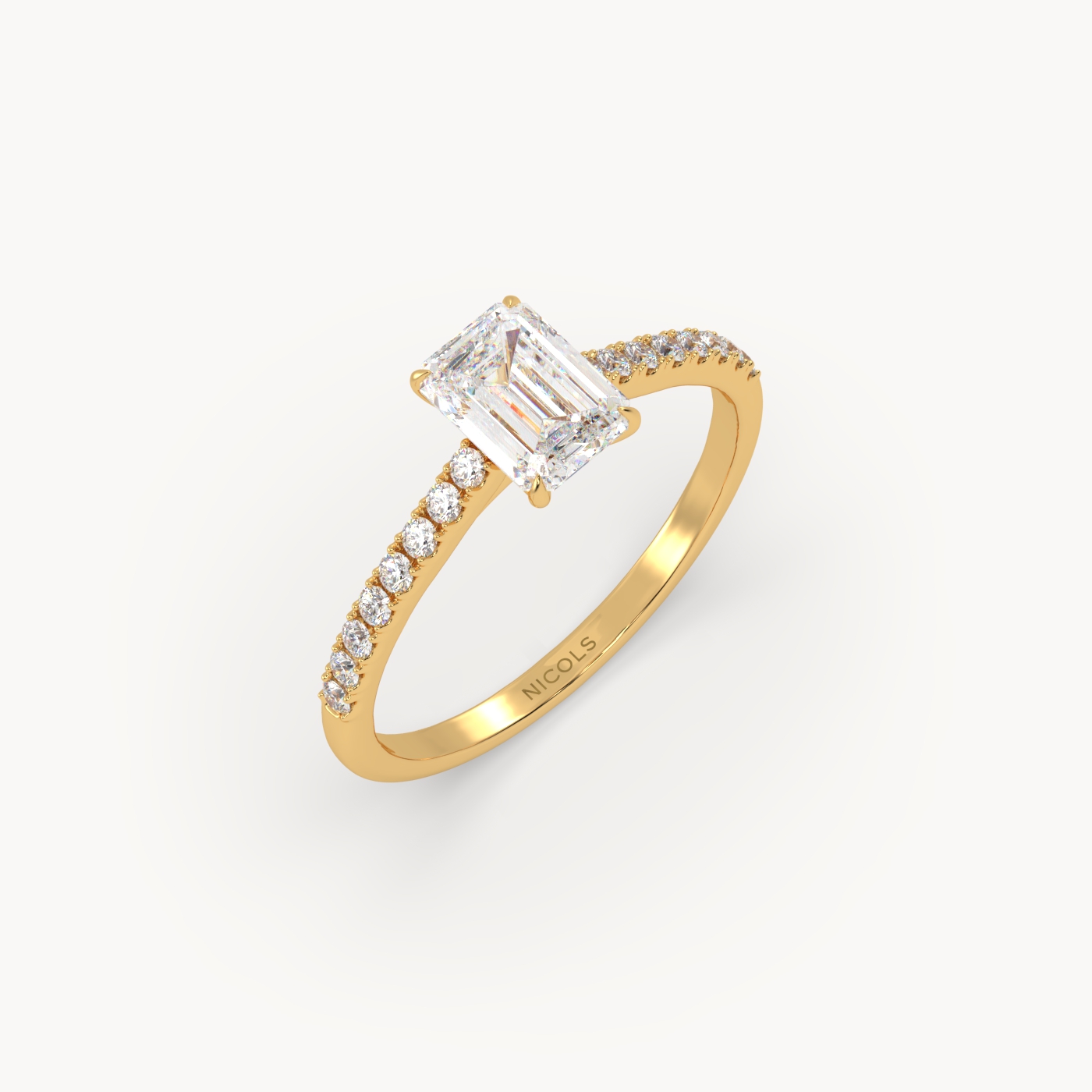 18k yellow gold  petite pavé cathedral engagement ring for 0.70ct emerald cut diamond