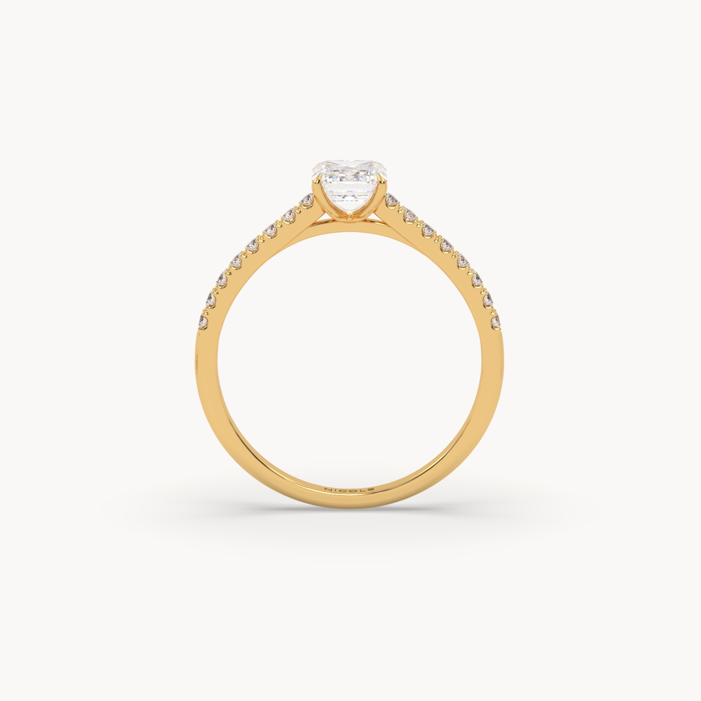 18k yellow gold  petite pavé cathedral engagement ring for 0.70ct emerald cut diamond