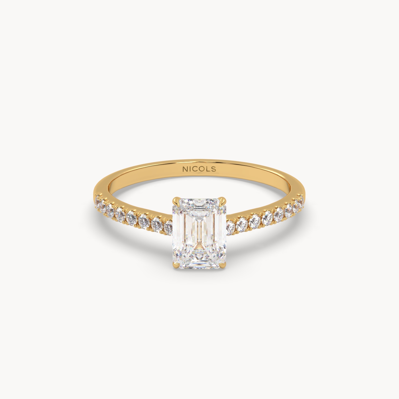 18k yellow gold  petite pavé cathedral engagement ring for 0.70ct emerald cut diamond