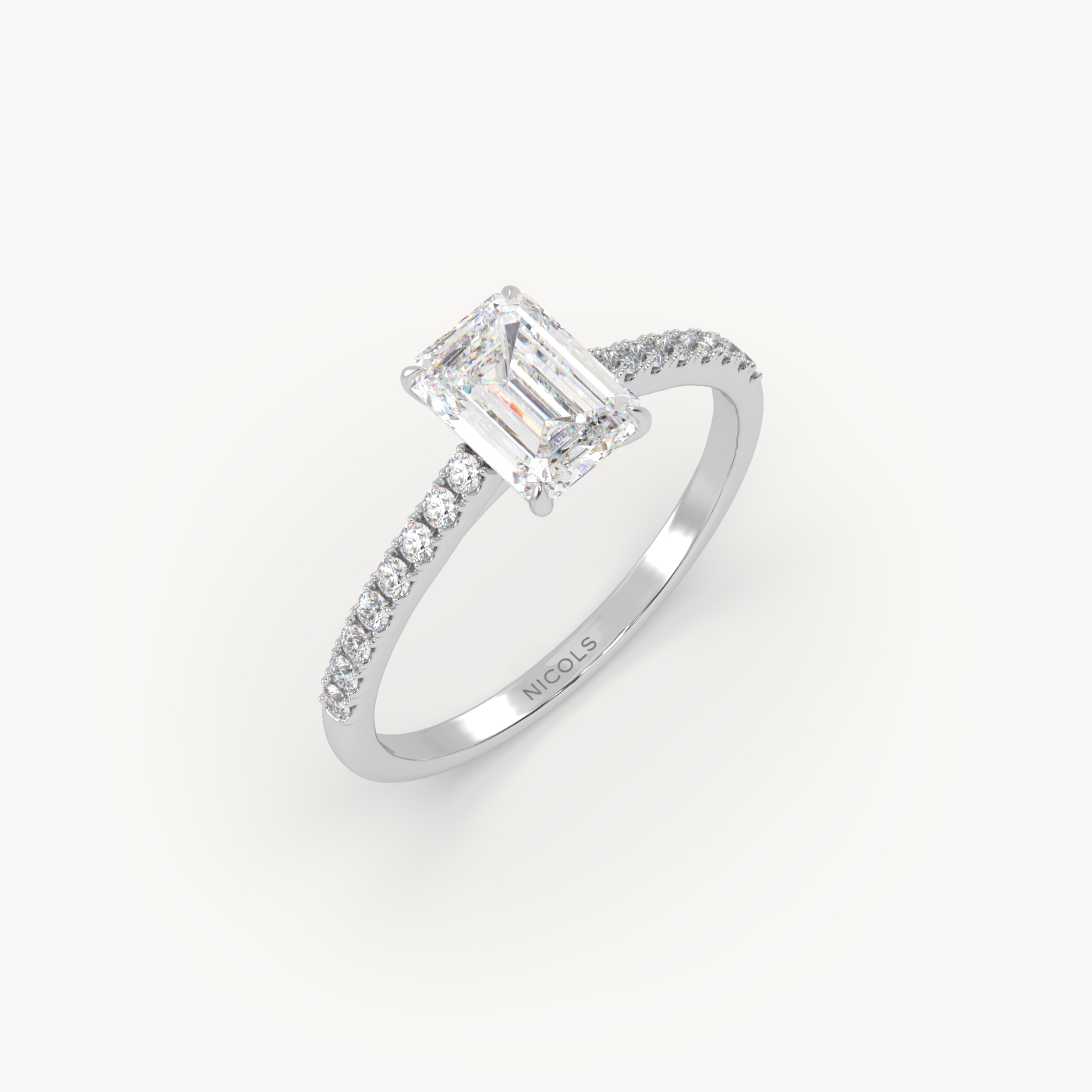 18k white gold  petite pavé cathedral engagement ring for 1.0 ct emerald cut diamond