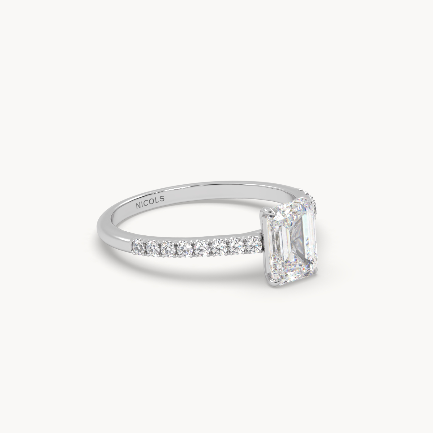 18k white gold  petite pavé cathedral engagement ring for 1.0 ct emerald cut diamond