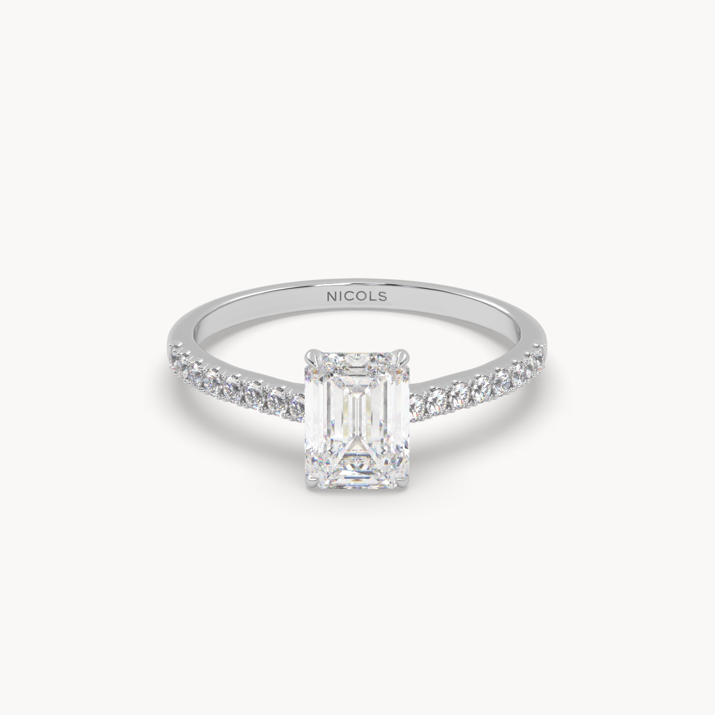 18k white gold  petite pavé cathedral engagement ring for 1.0 ct emerald cut diamond