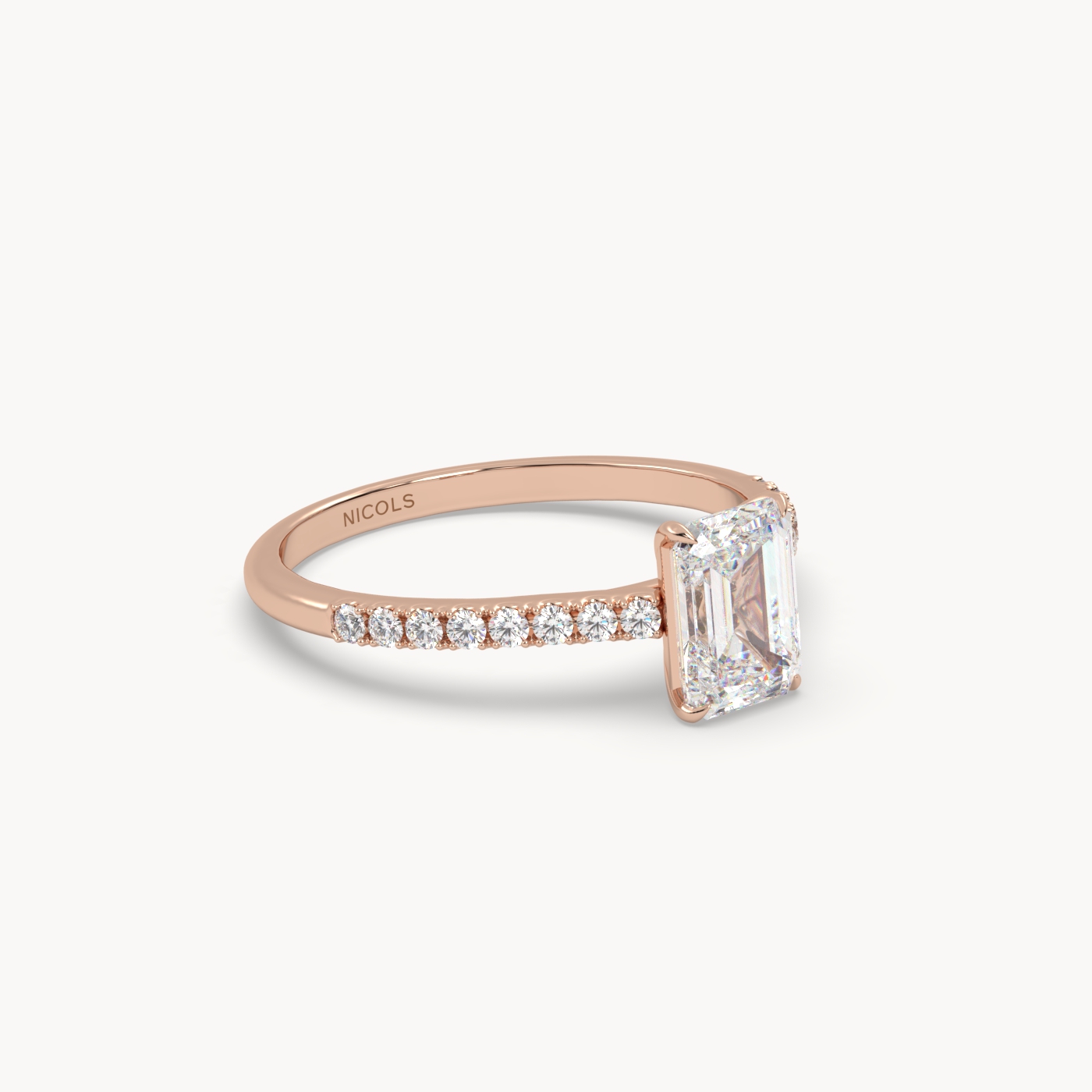 18k rose gold  petite pavé cathedral engagement ring for 1.0 ct emerald cut diamond