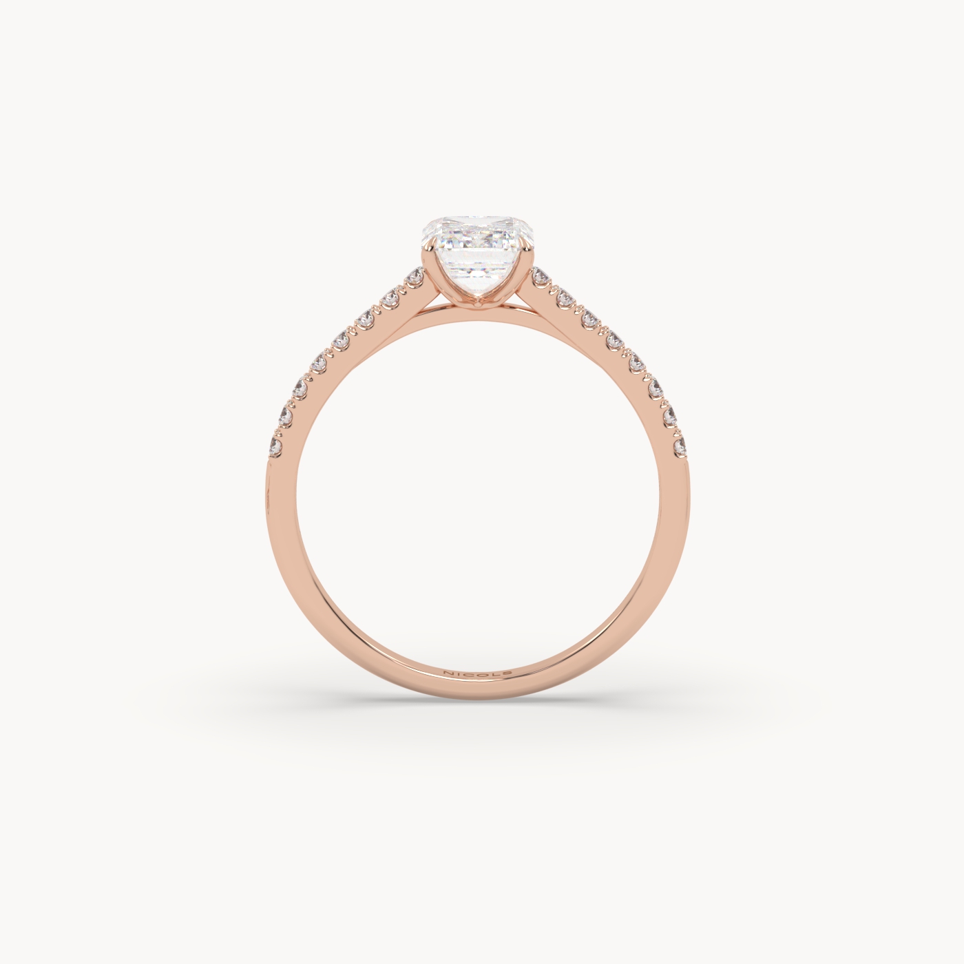 18k rose gold  petite pavé cathedral engagement ring for 1.0 ct emerald cut diamond