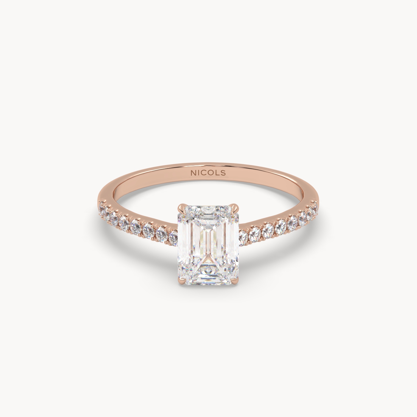 18k rose gold  petite pavé cathedral engagement ring for 1.0 ct emerald cut diamond