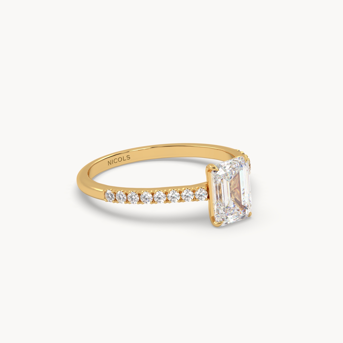18k yellow gold  petite pavé cathedral engagement ring for 1.0 ct emerald cut diamond
