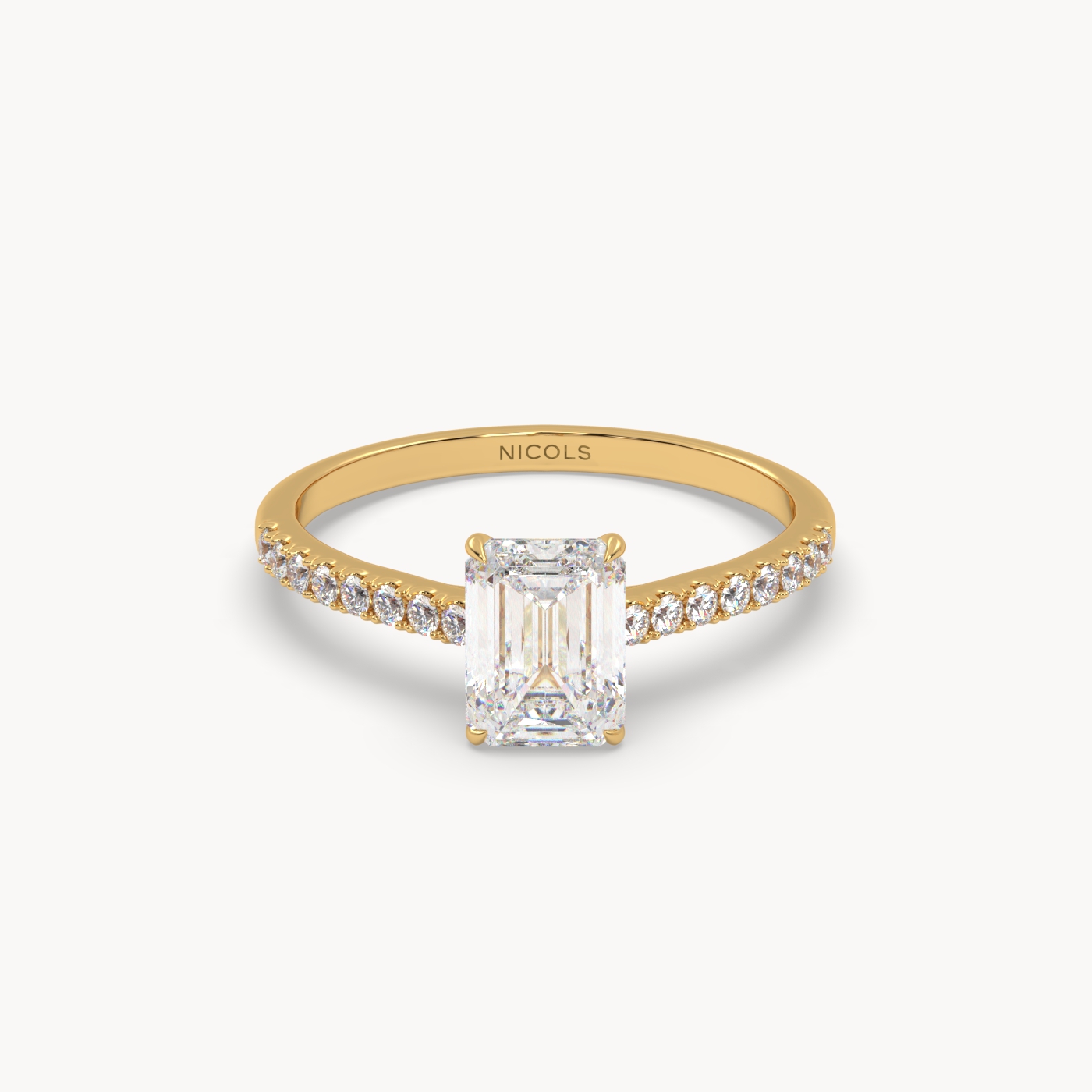 18k yellow gold  petite pavé cathedral engagement ring for 1.0 ct emerald cut diamond