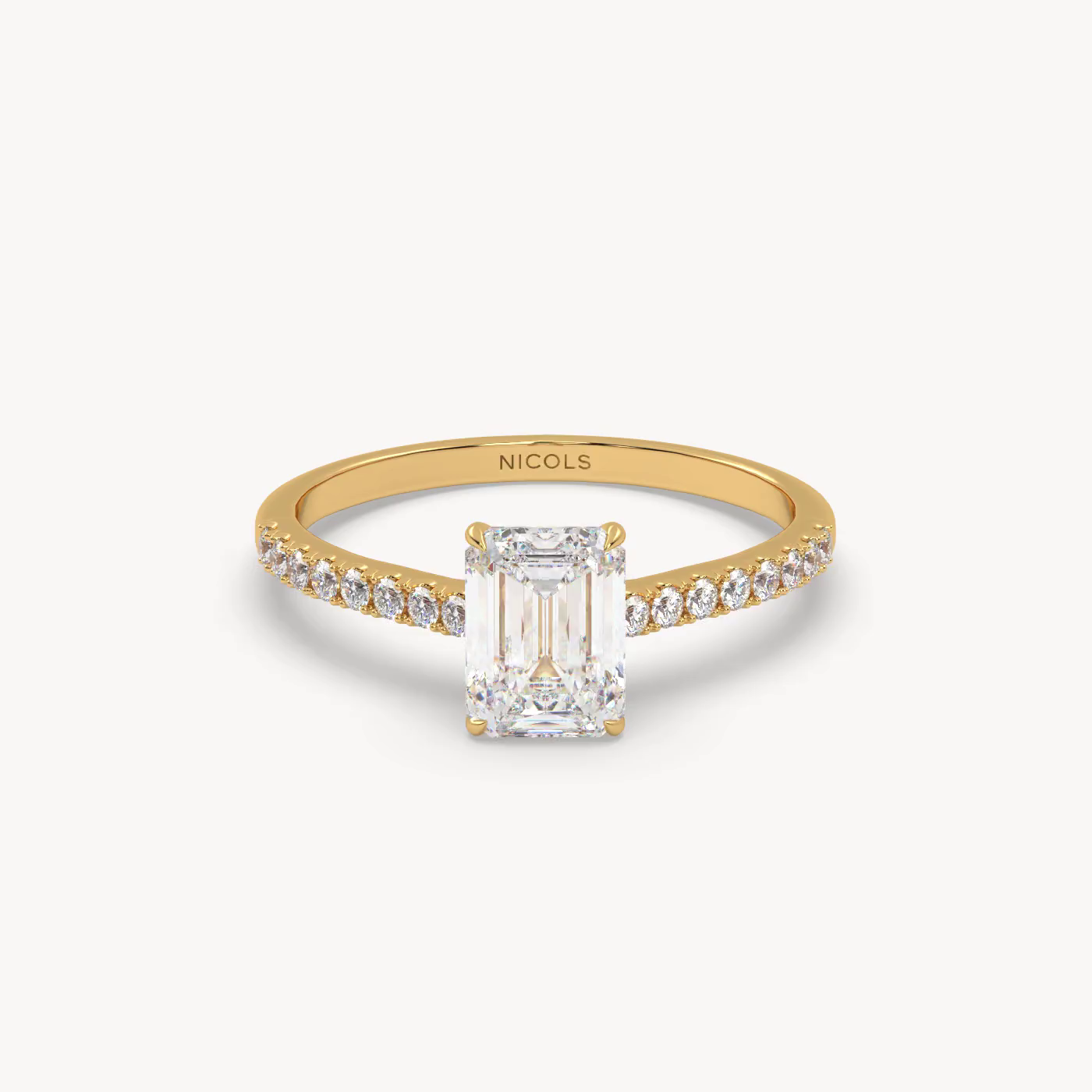 18k white gold  petite pavé cathedral engagement ring for 1.0 ct emerald cut diamond Photos & images