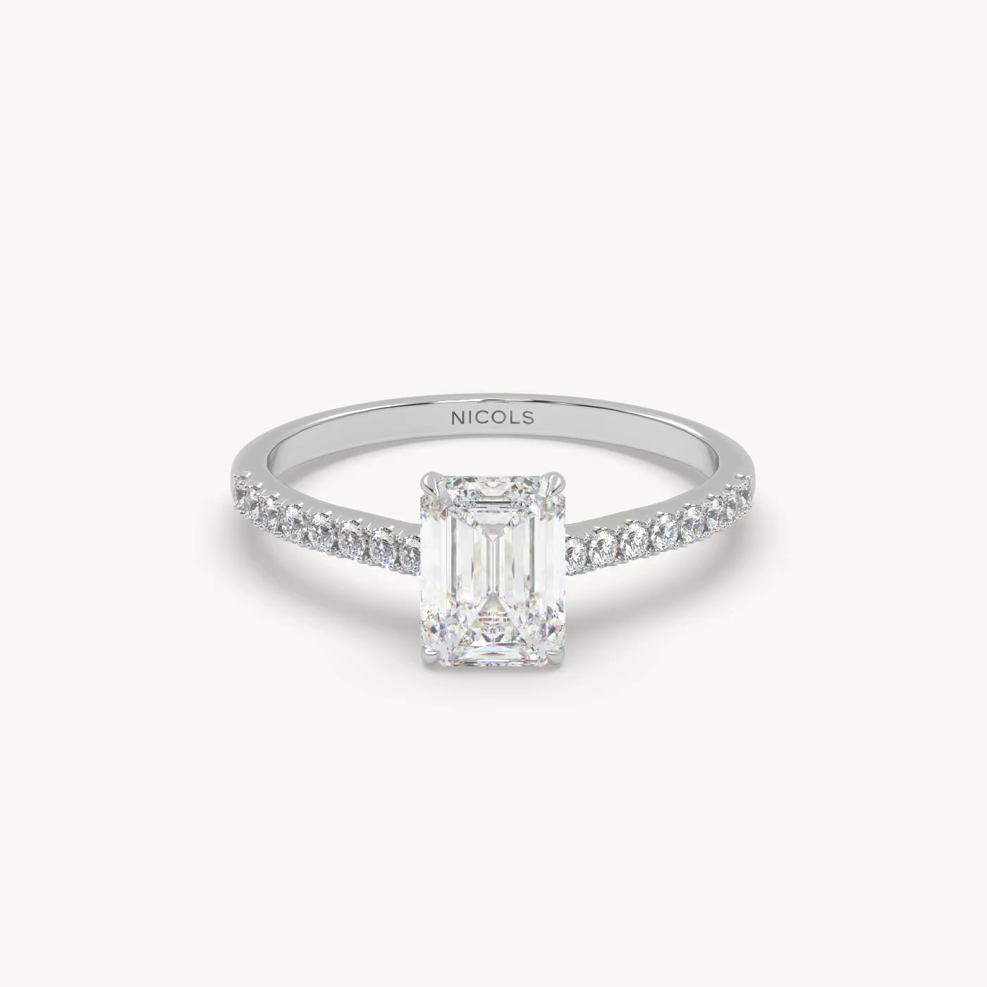 18k white gold  petite pavé cathedral engagement ring for 1.0 ct emerald cut diamond Photos & images