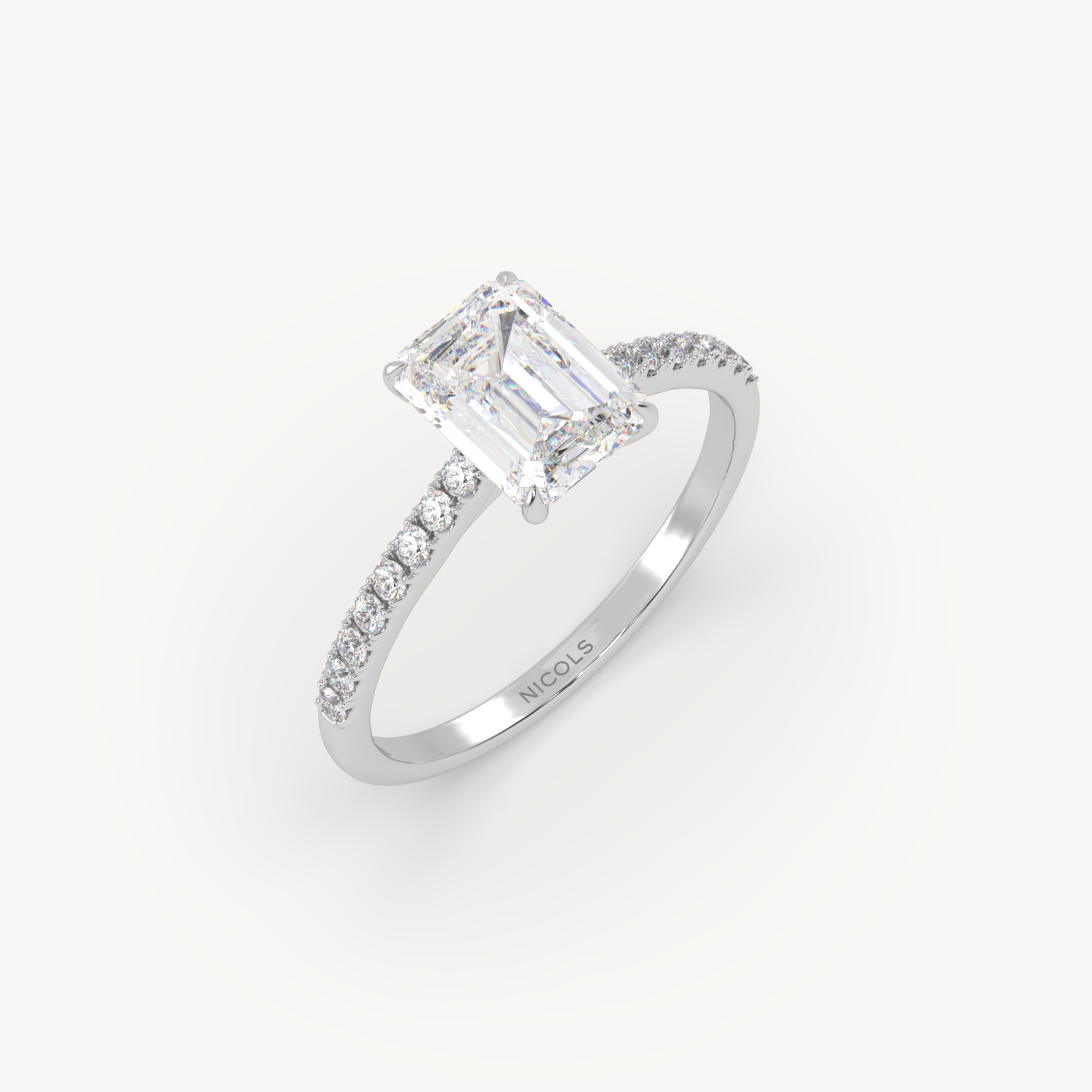 18k white gold  petite pavé cathedral engagement ring for 1.5 ct emerald cut diamond
