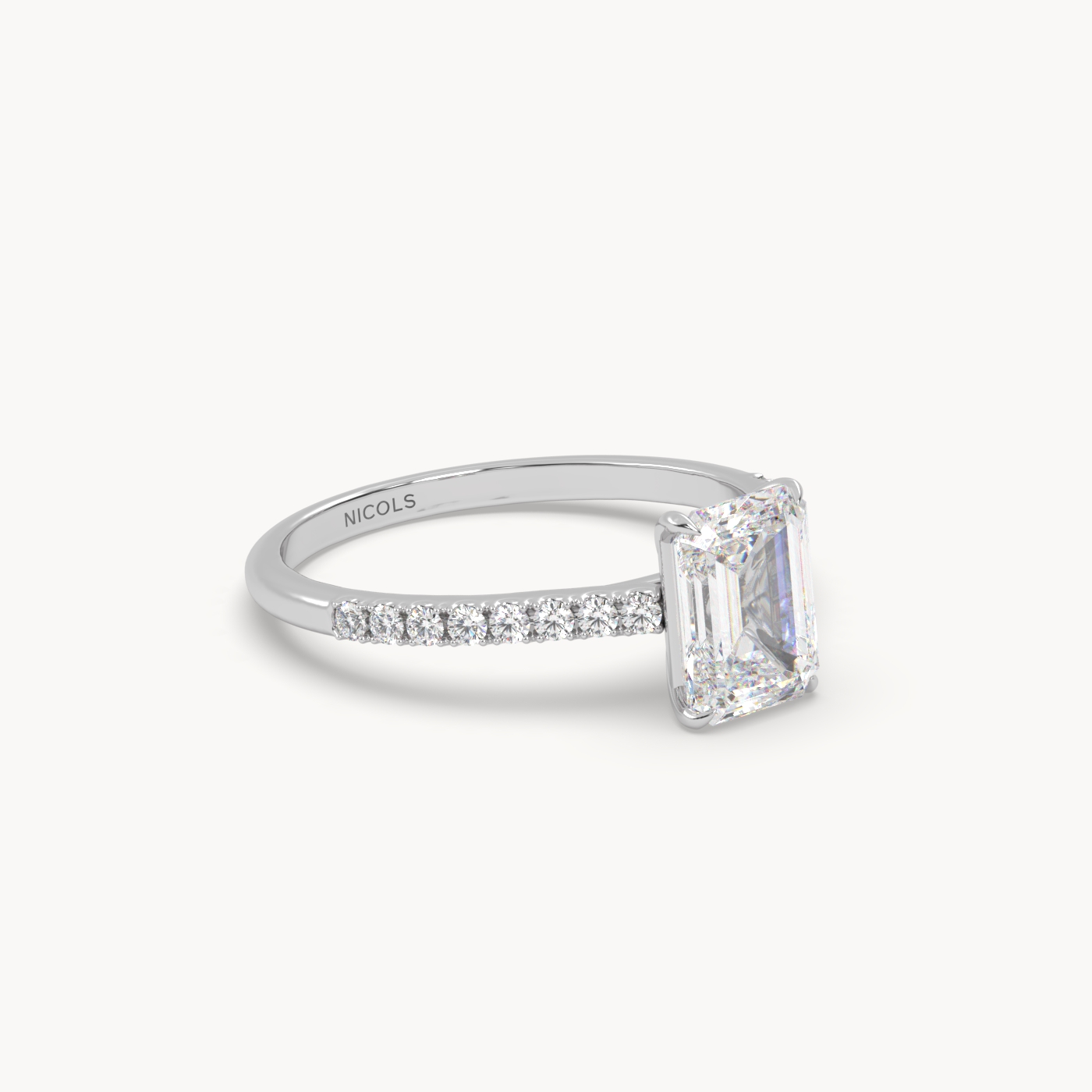 18k white gold  petite pavé cathedral engagement ring for 1.5 ct emerald cut diamond