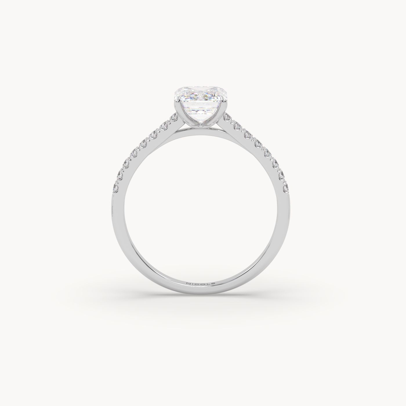 18k white gold  petite pavé cathedral engagement ring for 1.5 ct emerald cut diamond