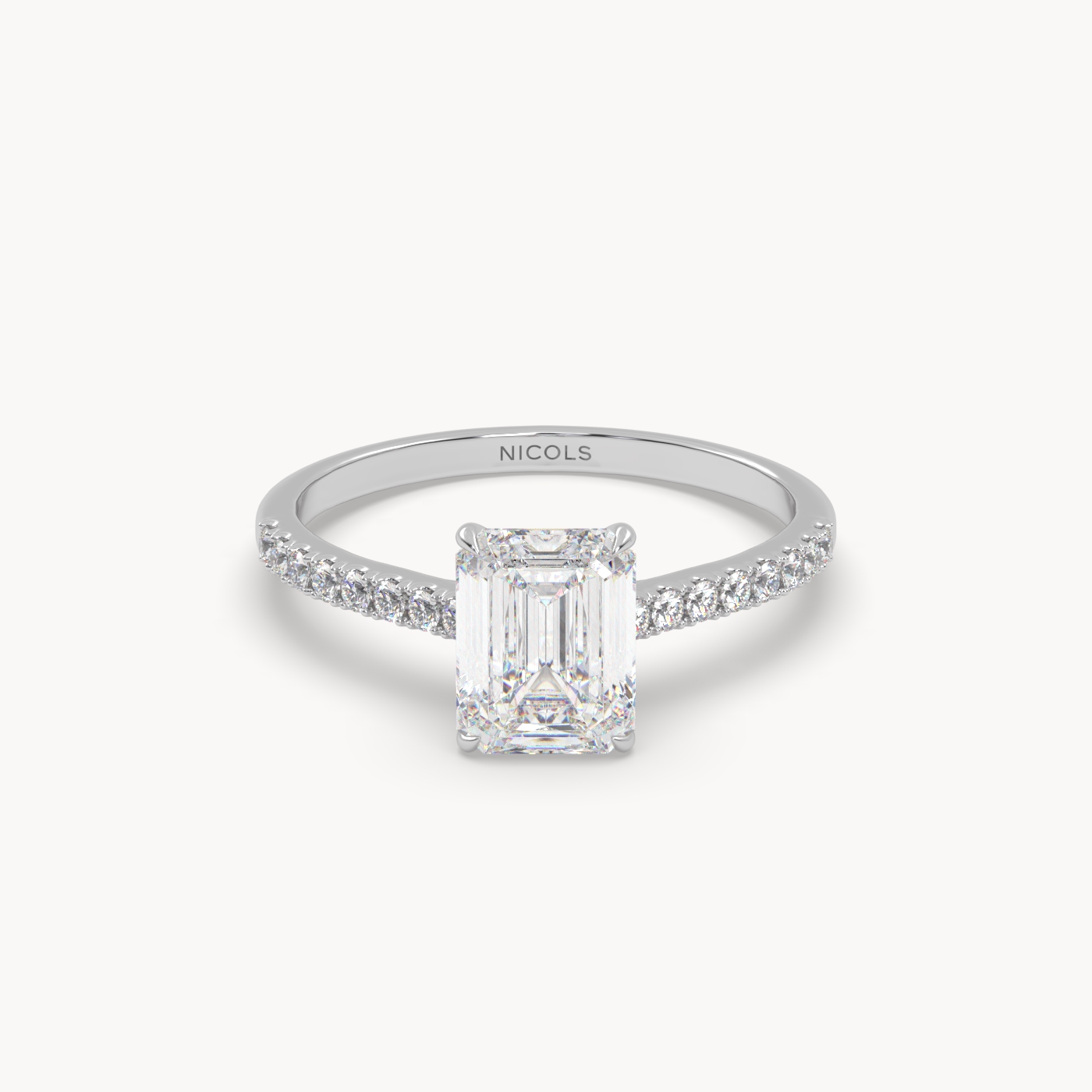 18k white gold  petite pavé cathedral engagement ring for 1.5 ct emerald cut diamond