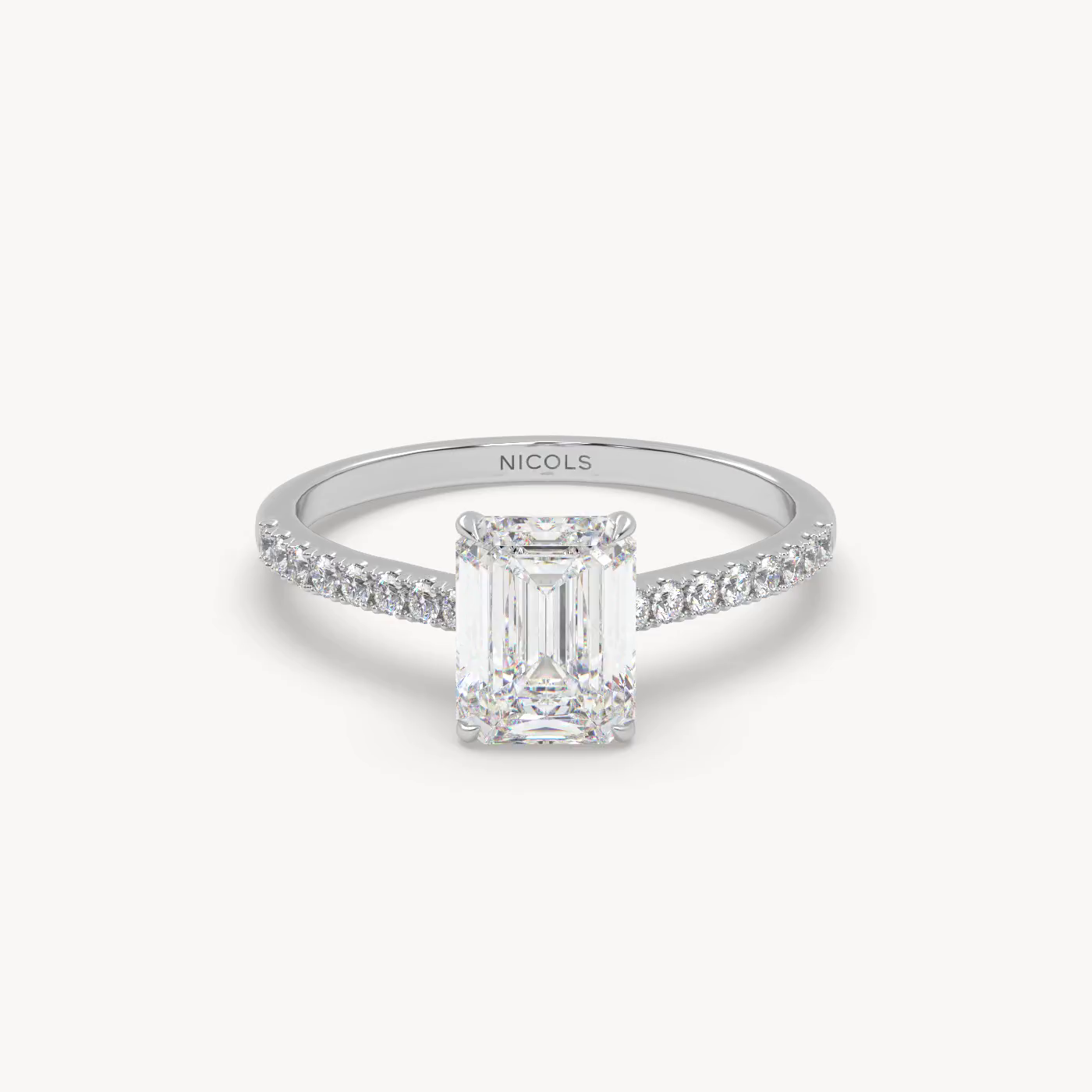 18k white gold  petite pavé cathedral engagement ring for 1.5 ct emerald cut diamond