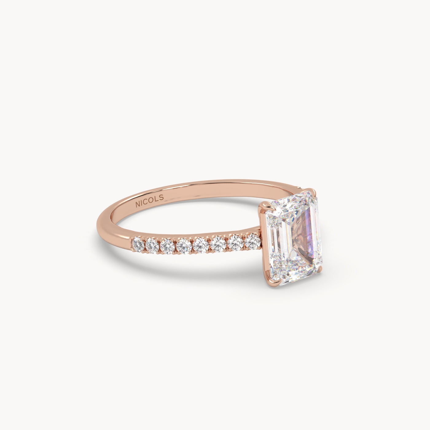 18k rose gold  petite pavé cathedral engagement ring for 1.5 ct emerald cut diamond